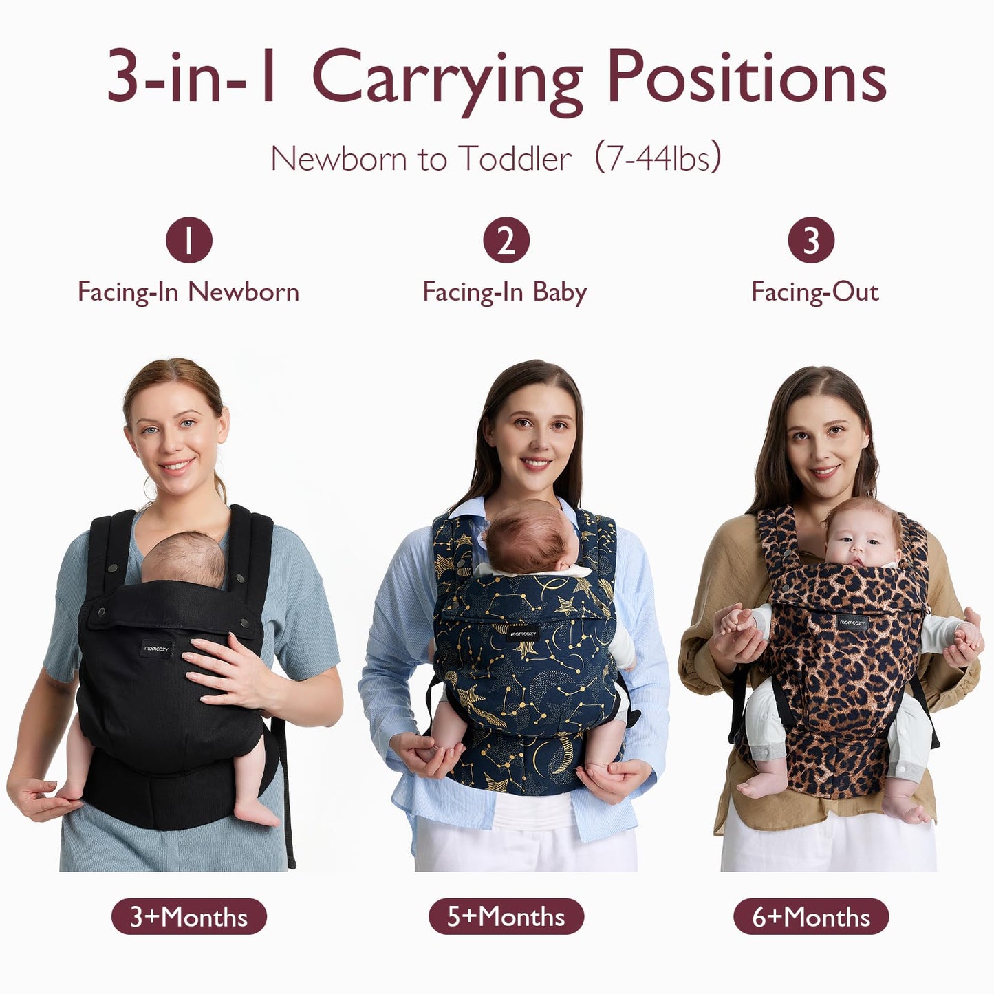 Momcozy ergonoomiline beebikandekott – must, puuvillane, 3-ühes disain (7–20 kg)