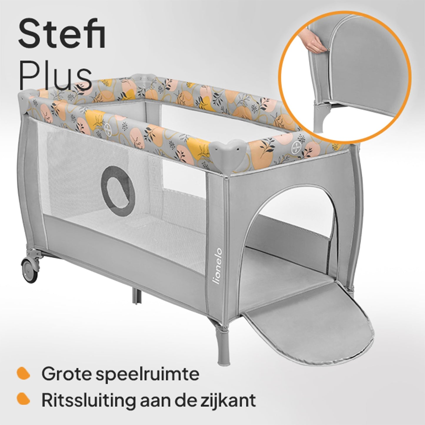 Lionelo Stefi Plus kokkupandav reisivoodi ja mänguaedik madratsiga, hall/lillemuster