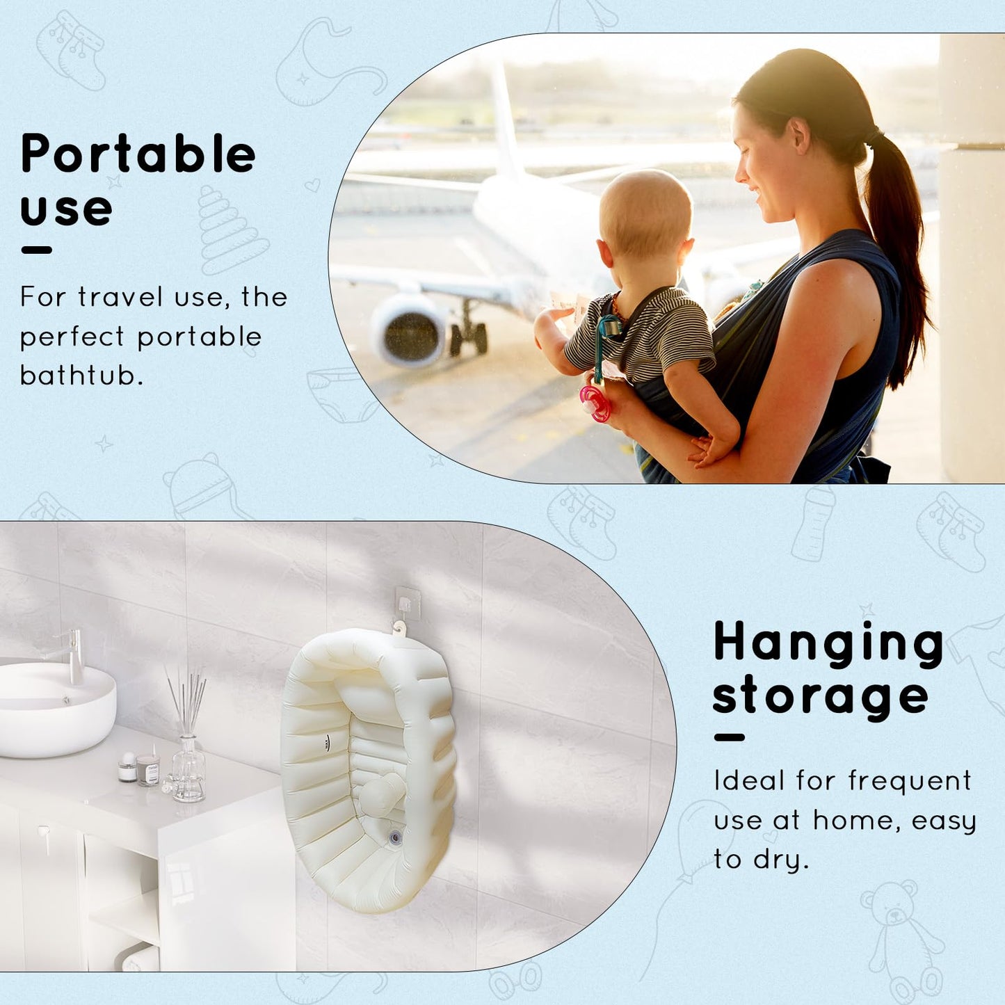 Adoraland täispuhutav beebivann, kokkupandav ja libisemisvastane, kreemvalge