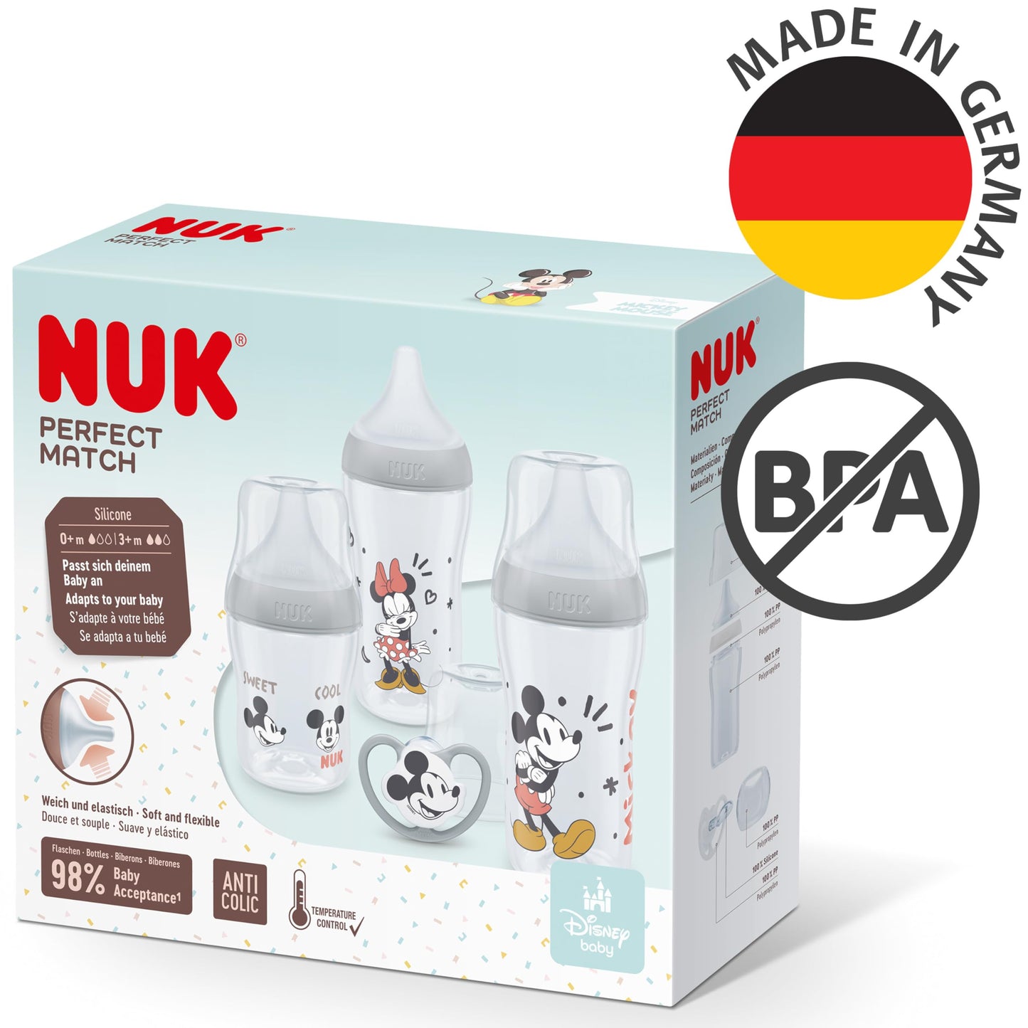 NUK Perfect Match bottle set + pacifier, 0–6+ months, Mickey Mouse, 4-piece