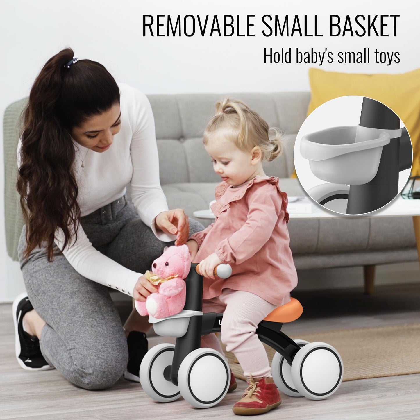 Umatoll beebide tasakaaluratas, 4 rattaga, eemaldatava korviga, must