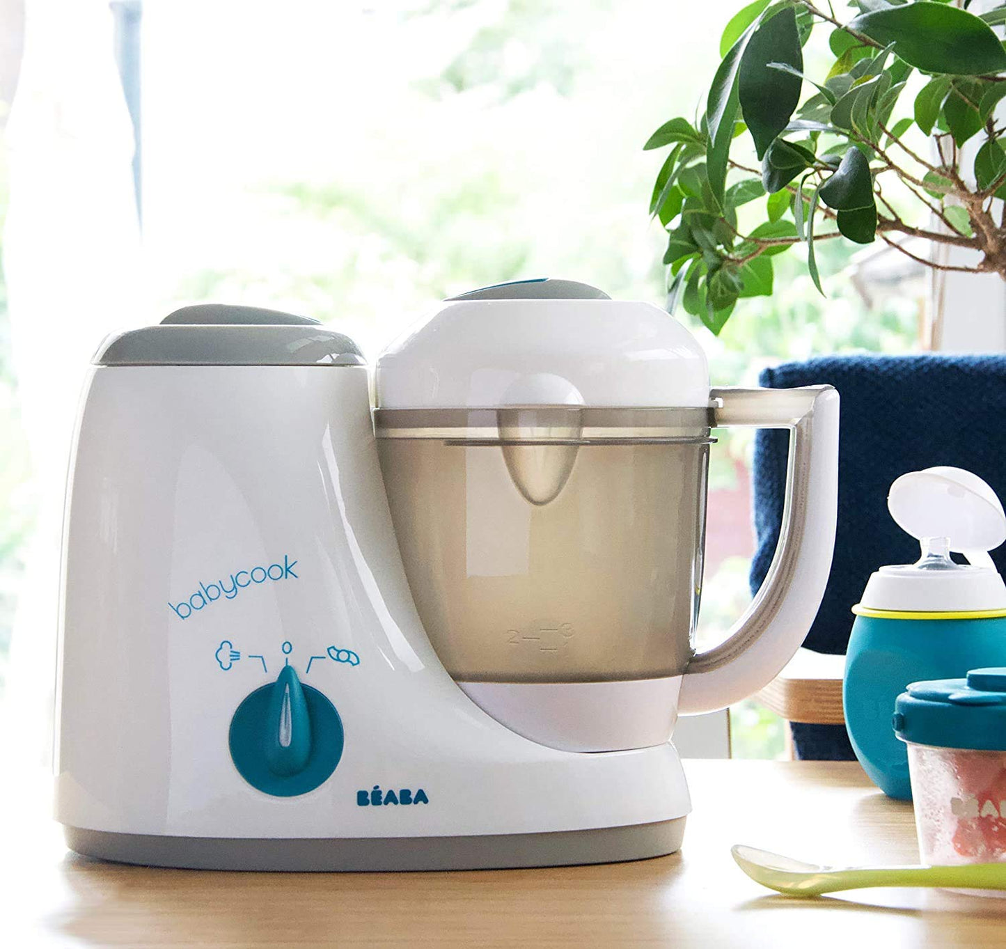 Béaba Babycook Original 4-in-1 Baby Food Maker – Steams, Blends, Defrosts and Reheats, Blue-Grey