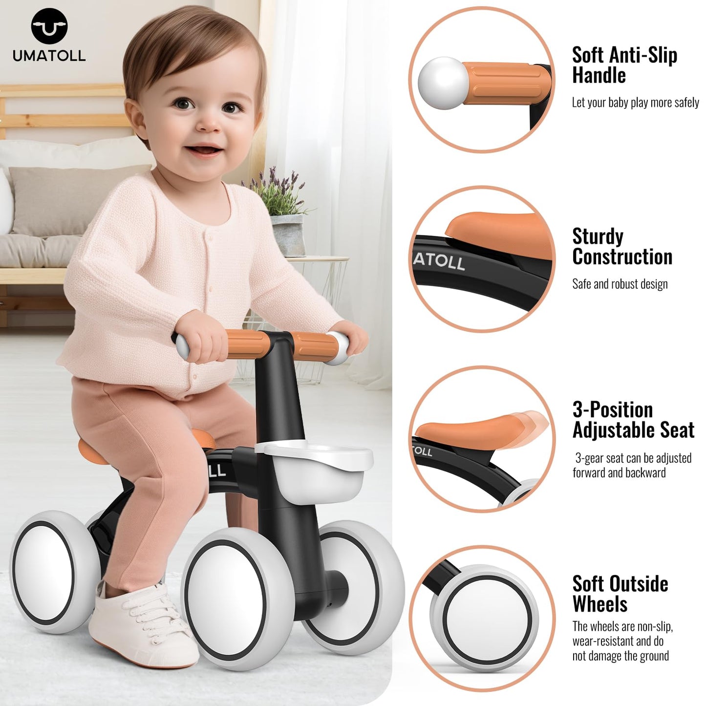 Umatoll beebide tasakaaluratas, 4 rattaga, eemaldatava korviga, must