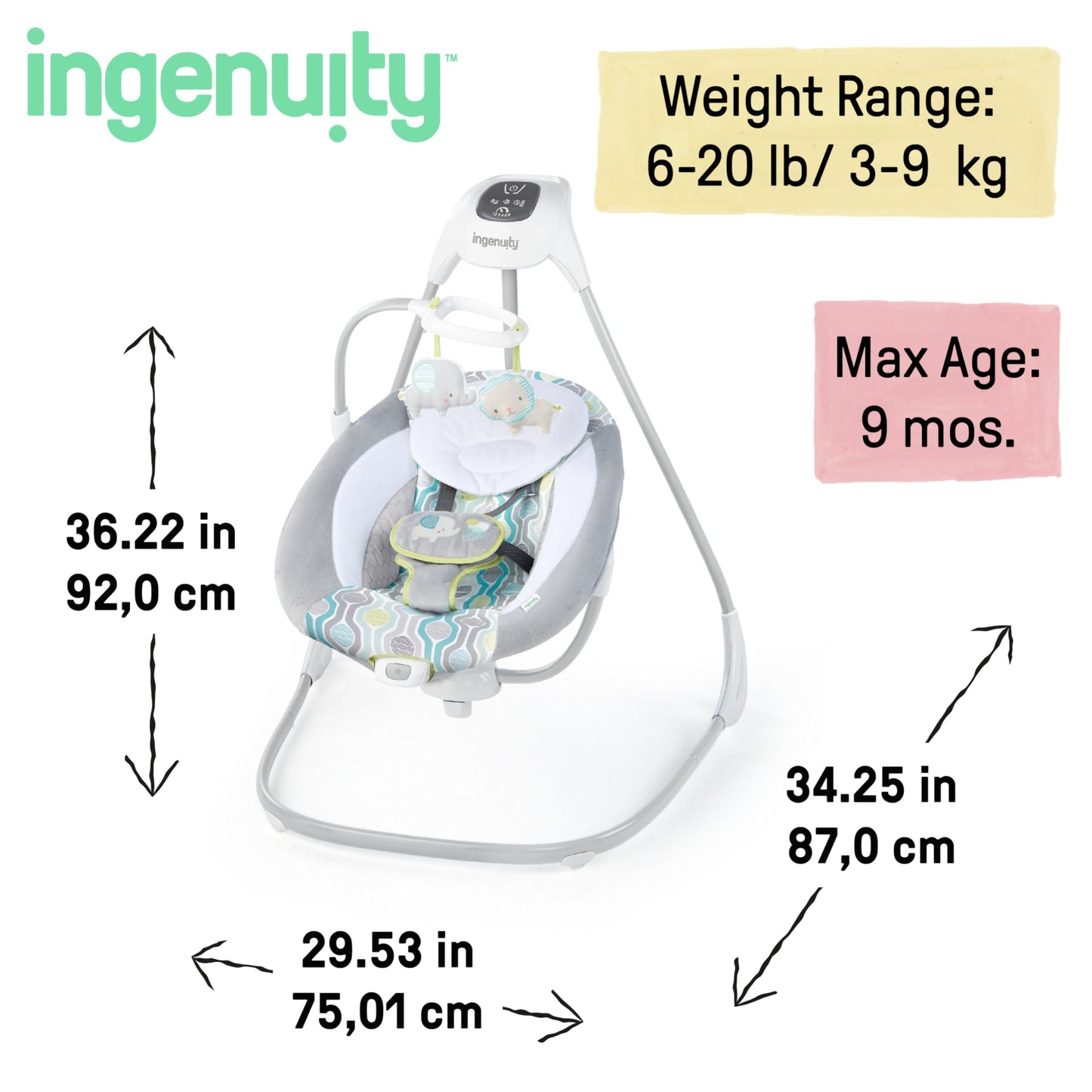 Ingenuity SimpleComfort elektriline beebikiik, 6-kiiruseline, muusika ja vibratsioon, Everston