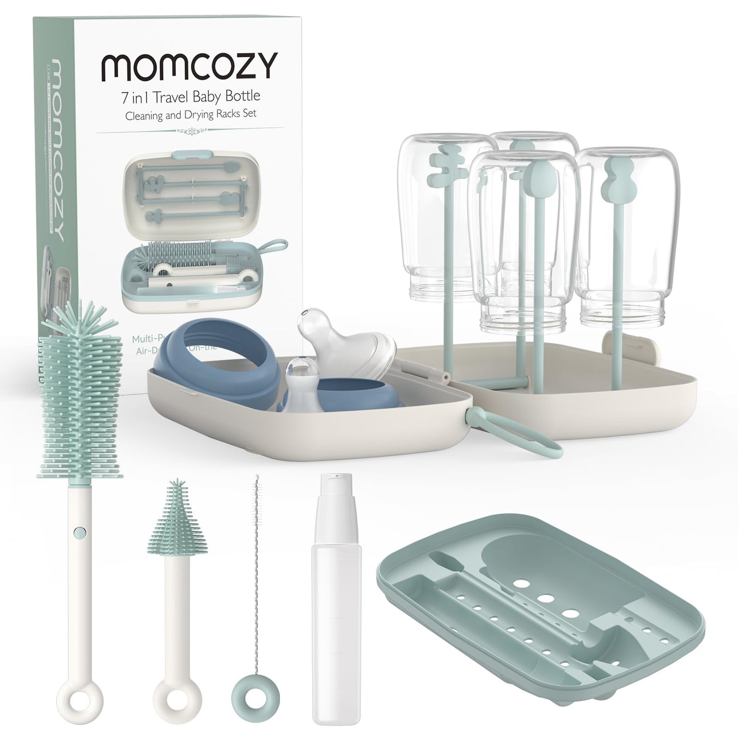 Momcozy 7-ühes beebipudelite puhastuskomplekt silikoonharjade ja kuivatusrestiga, roheline
