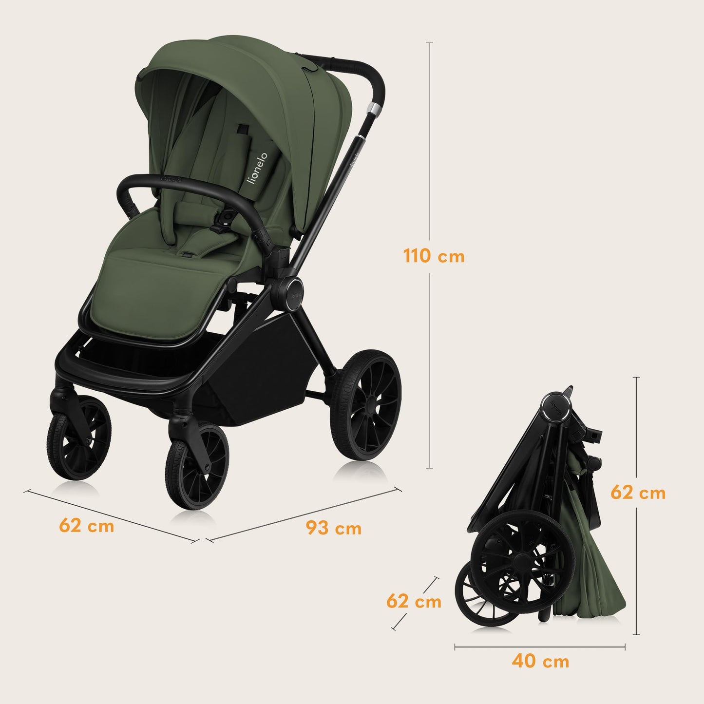 Lionelo Mika Plus 2-ühes lapsevanker (beebihäll ja jalutuskäru), Green olive