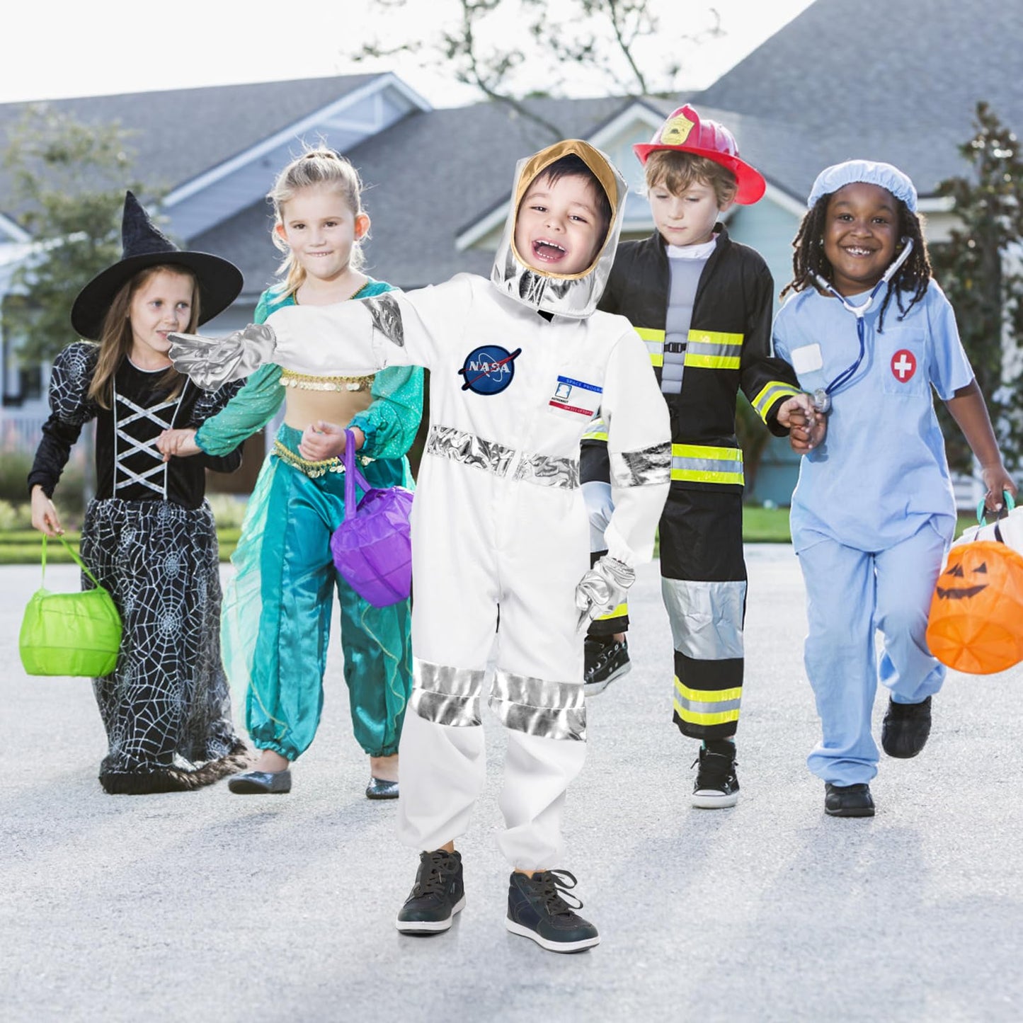 Laste astronaut costume with helmet and gloves, white, 130