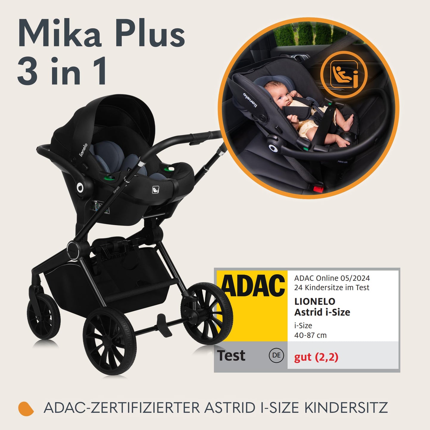 Lionelo Mika Plus 3-ühes lapsevanker (vanker, häll, turvahäll), Beige Sand