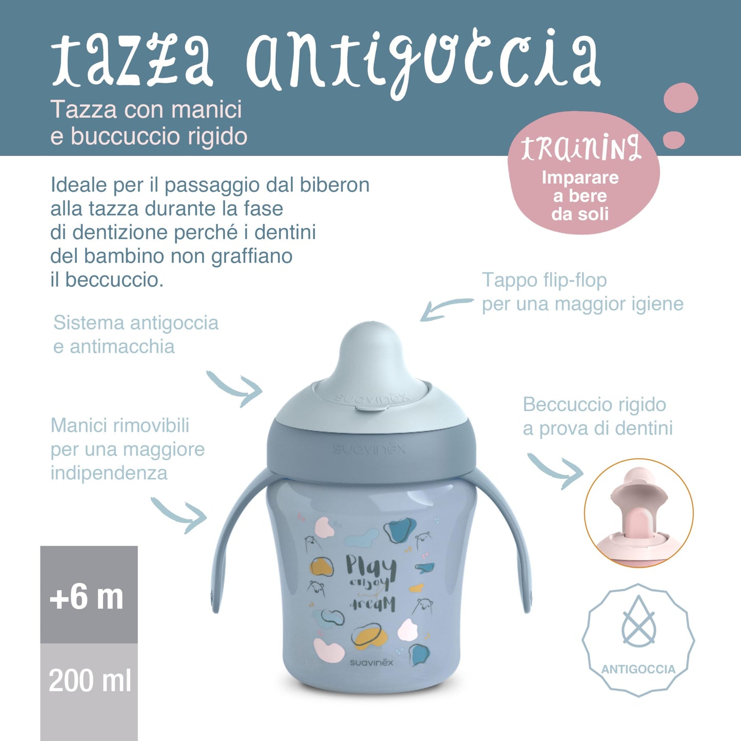 Suavinex õppimistass beebidele, lekkekindel, sinine „Bears“, 200 ml