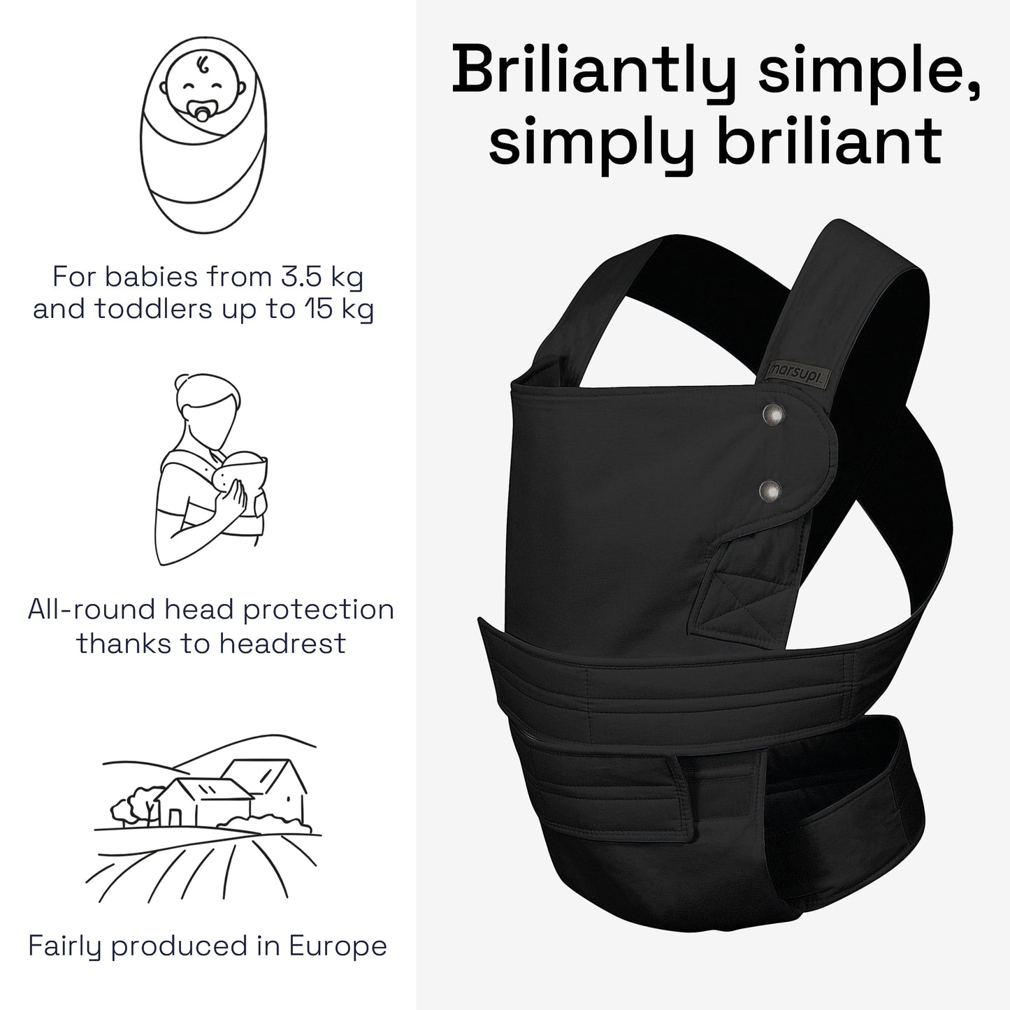 Marsupi 2.0 beebikandekott vastsündinule, kuni 15 kg, kerge ja kompaktne, takjakinnitusega, must S/M