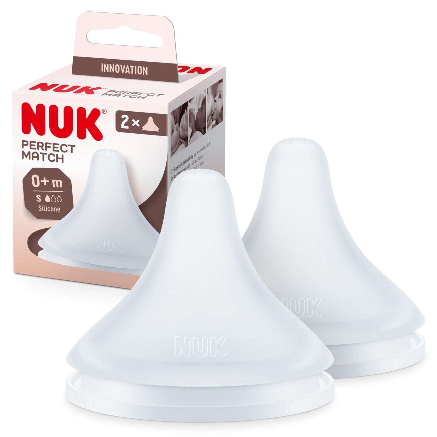 NUK Perfect Match pudeli luttide komplekt, S-suurus, 0+ kuud, 2 tk, anti-koolik, silikoon