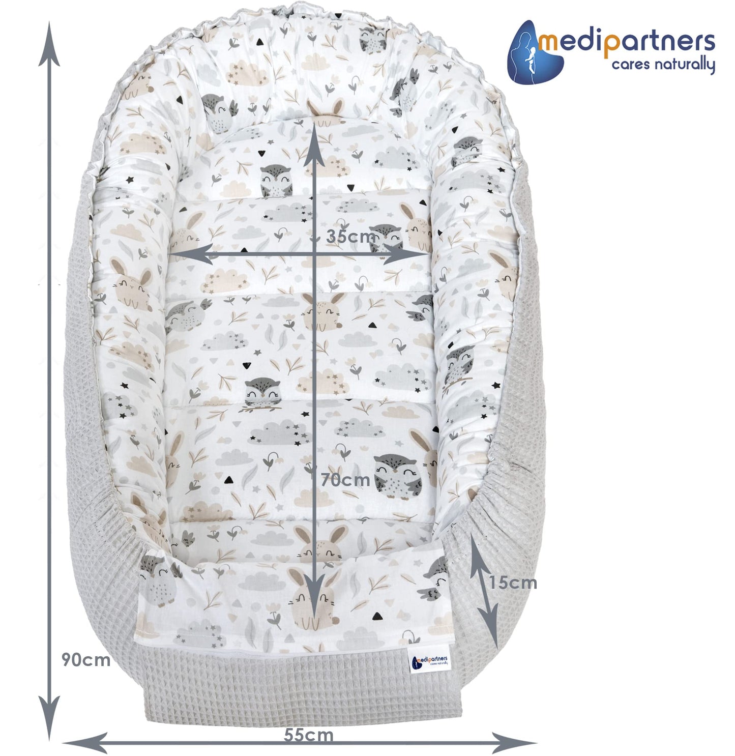 Medi Partners beebipesa kookon, 100×60×15 cm, kahtepidi kasutatav, puuvillane Waffle, hall