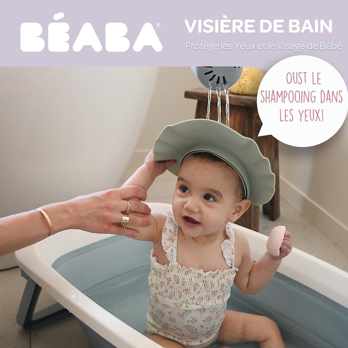 BÉABA reguleeritav beebi dušimüts vannitamiseks, silikoonist, hallikasroheline