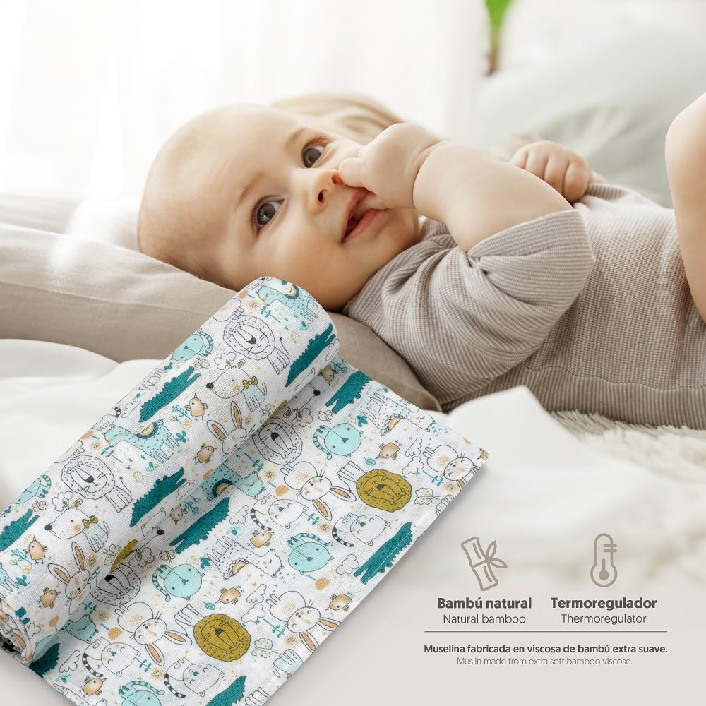 Interbaby bambusest musliintekk beebidele, 120 × 120 cm, 3 tk, loomad