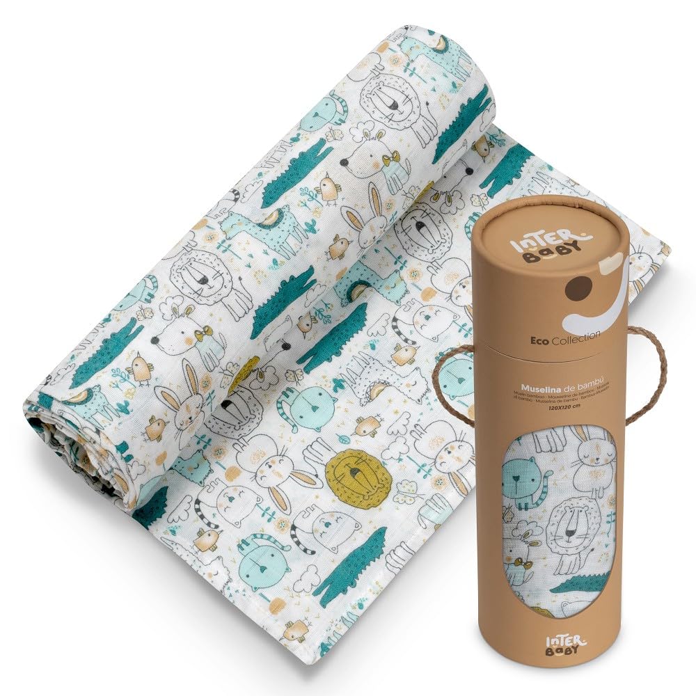 Interbaby bambusest musliintekk beebidele, 120 × 120 cm, 3 tk, loomad