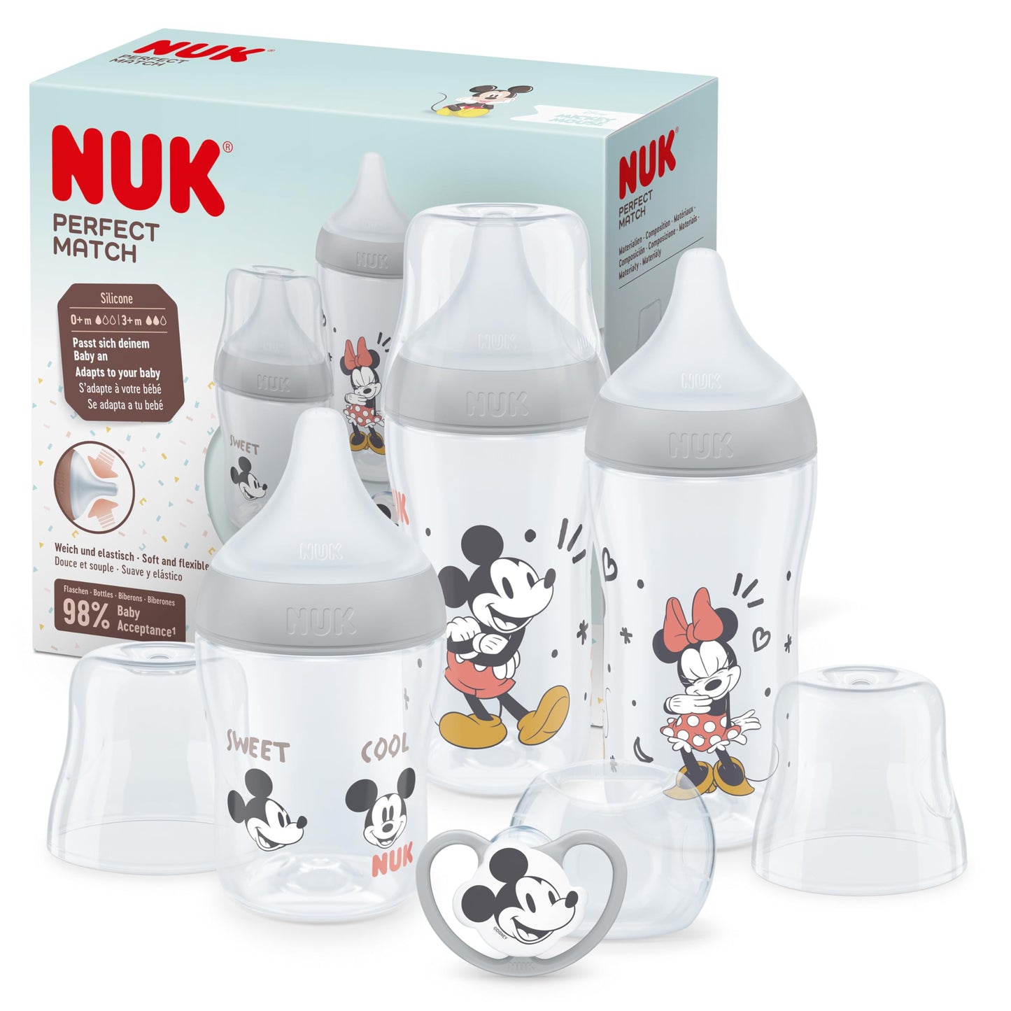 NUK Perfect Match bottle set + pacifier, 0–6+ months, Mickey Mouse, 4-piece