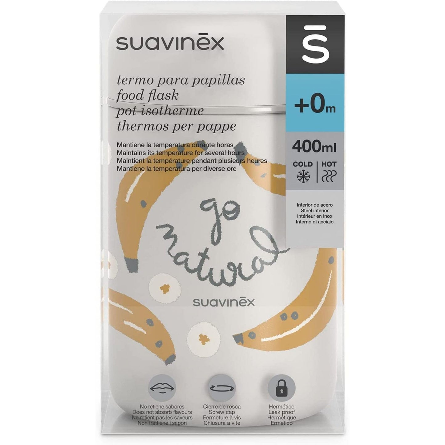 Suavinex roostevabast terasest beebitoidutermos 400 ml, hall, banaanimustriga