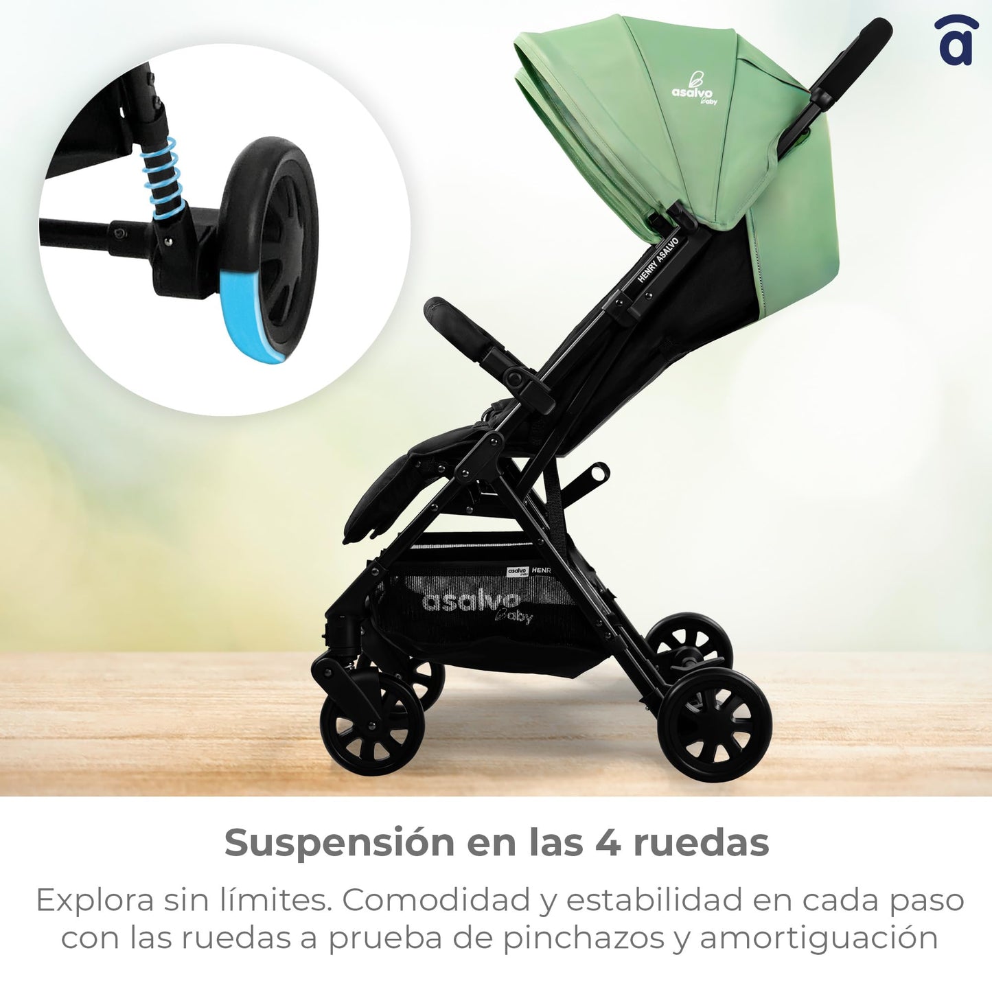 Asalvo Double Henry kaksikkäru vastsündinule kuni 15 kg, reguleeritav ja kokkupandav, roheline