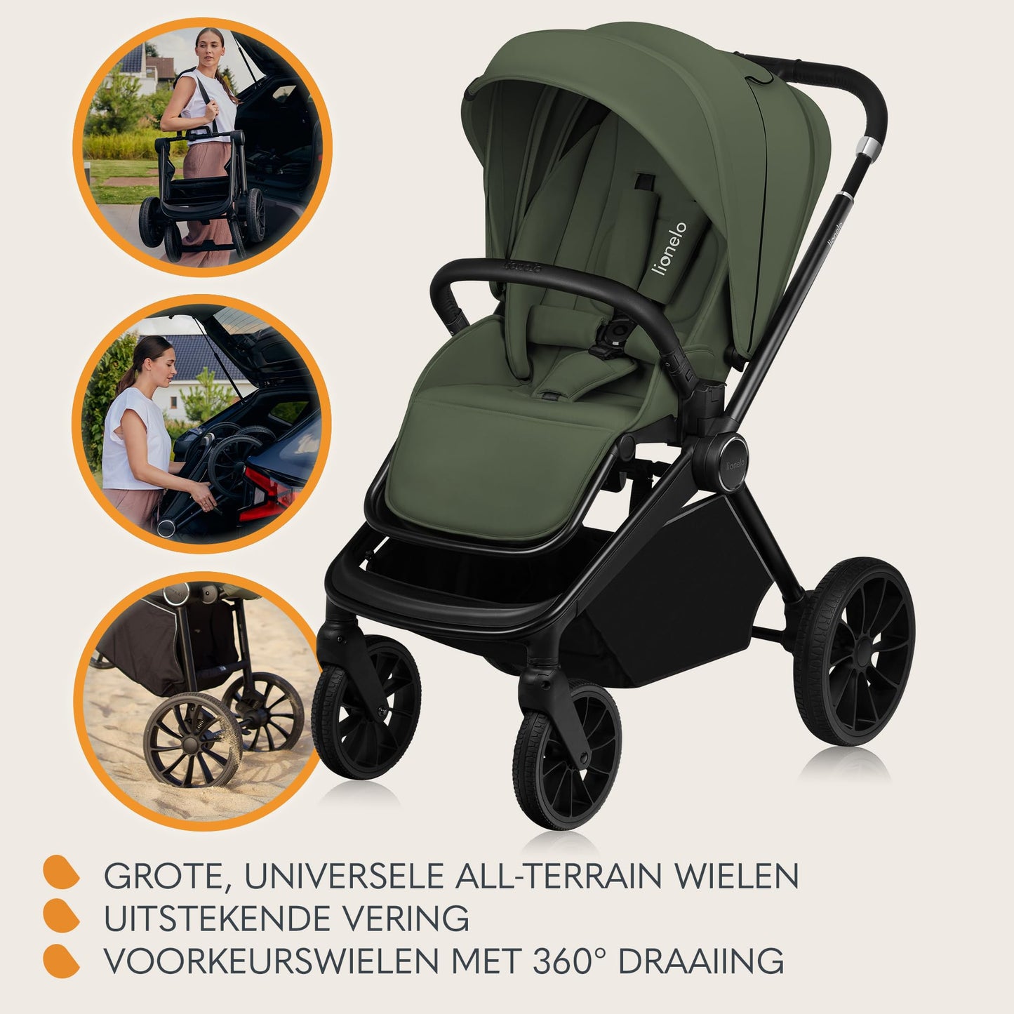 Lionelo Mika Plus 2-ühes lapsevanker (beebihäll ja jalutuskäru), Green olive