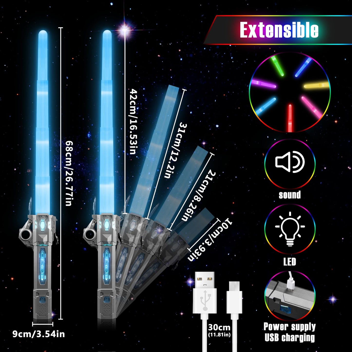 Moocuca children's USB rechargeable laser sword with light and sound, 7 colors