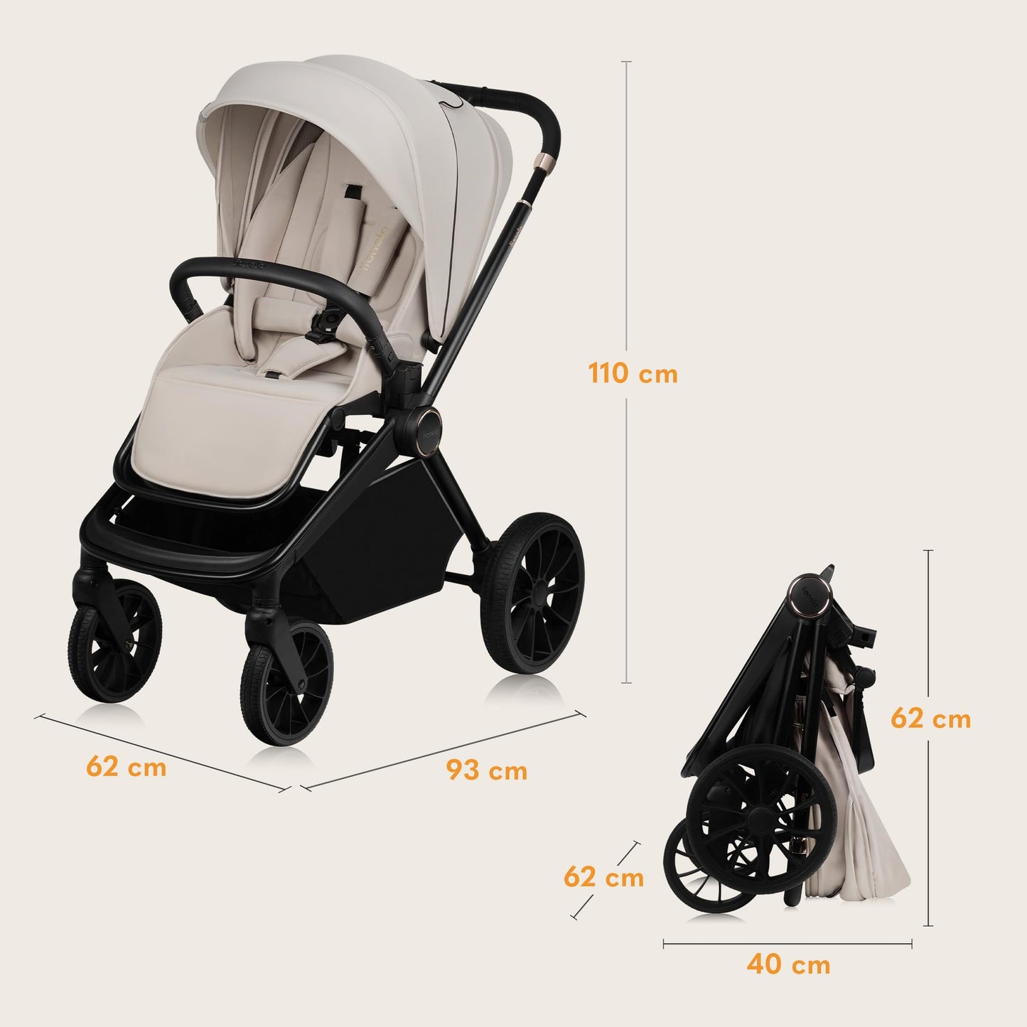 Lionelo Mika Plus 3-ühes lapsevanker (vanker, häll, turvahäll), Beige Sand