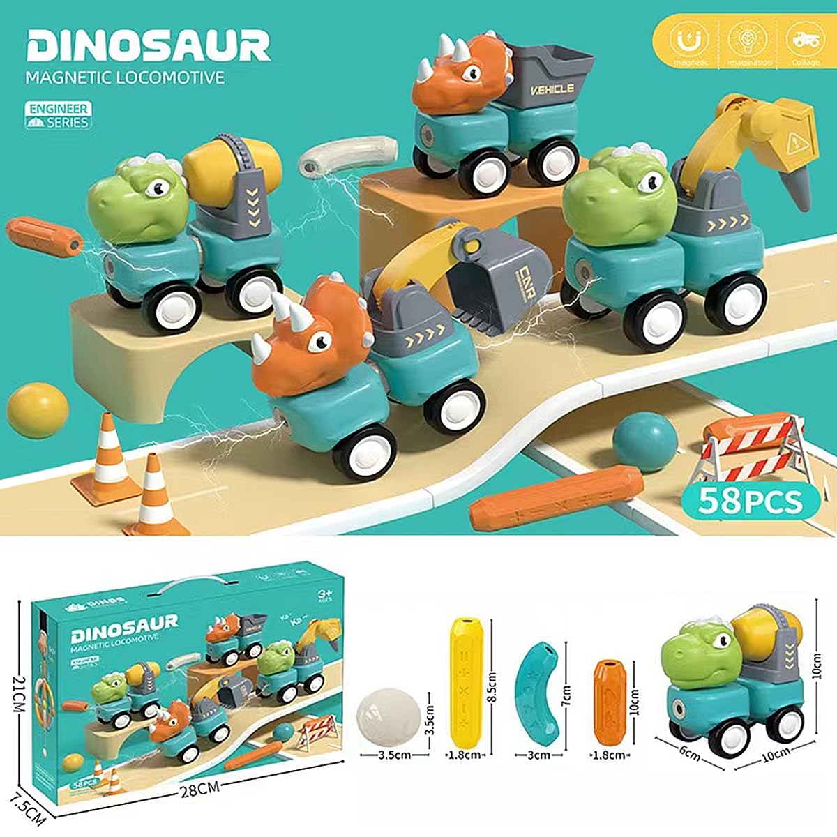 Kizozo DIY dinosauruste auto-komplekt, magnetiline ehitusmänguasi lastele
