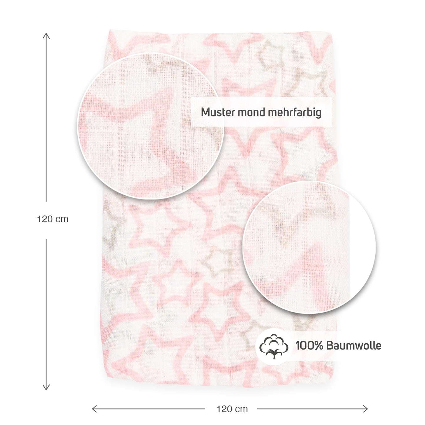 Ti TIN 100% puuvillane musliinlina, roosade tähtedega, 125×125 cm