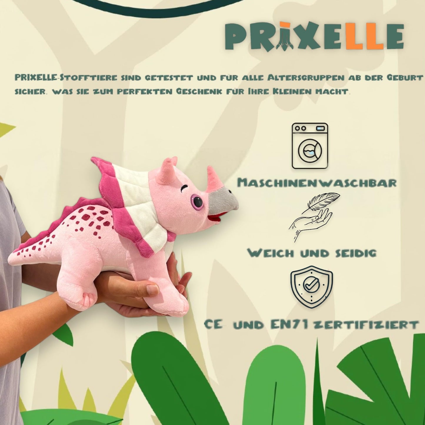PRIXELLE roosa triceratops dinosaurus-pehme mänguasi, 36 cm