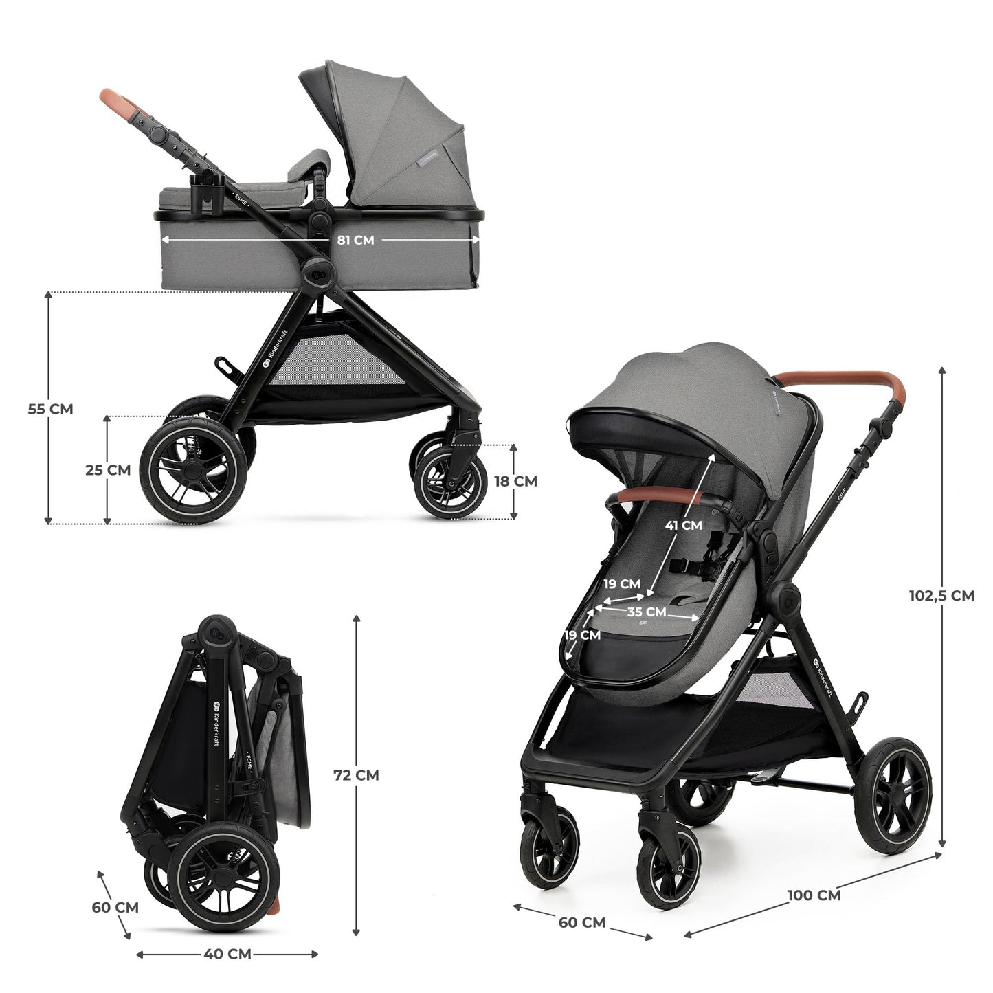 Kinderkraft ESME 3-in-1 vankrikomplekt kandekorvi, jalutuskäru ja i-Size turvahälliga, Moonlight Grey