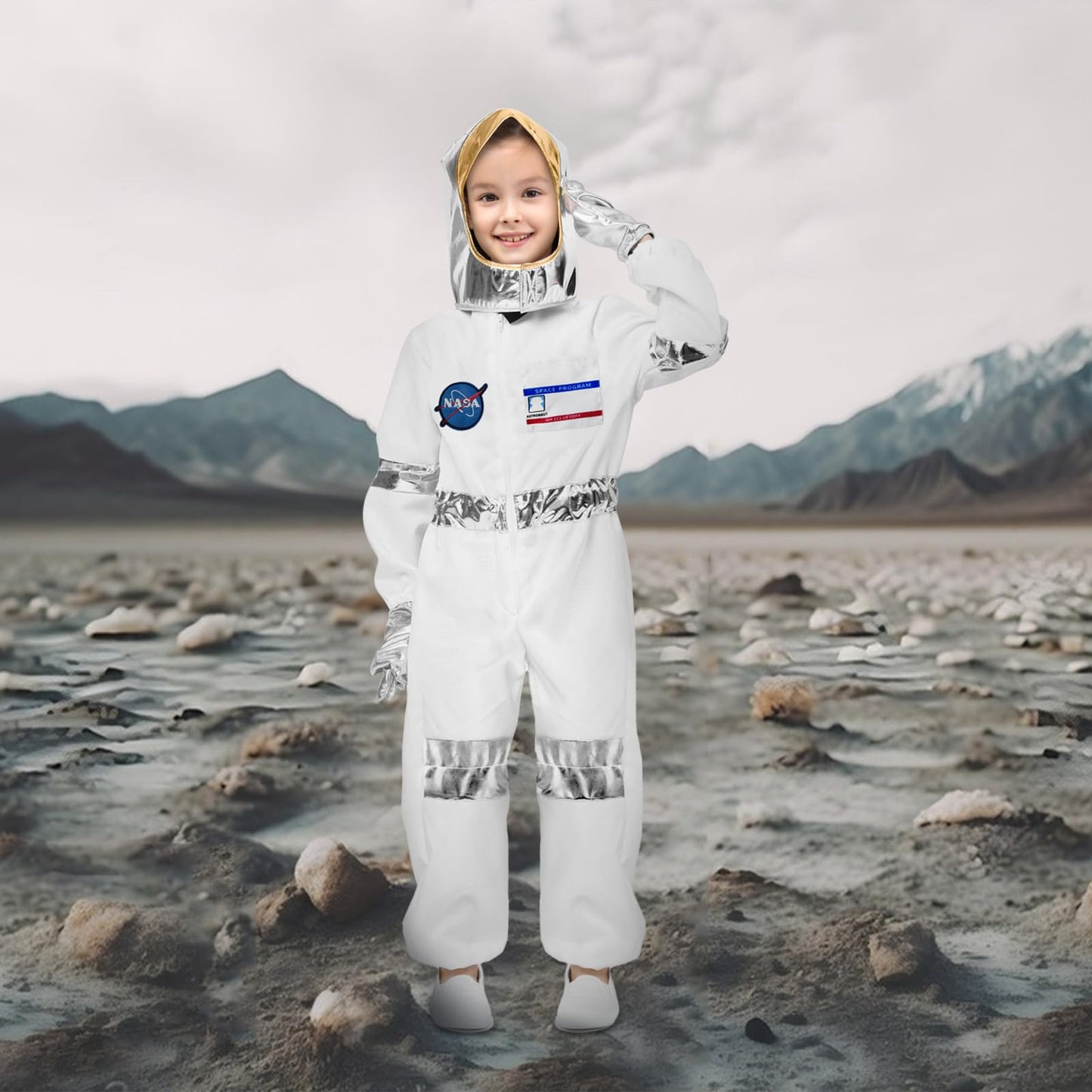 Laste astronaut costume with helmet and gloves, white, 130