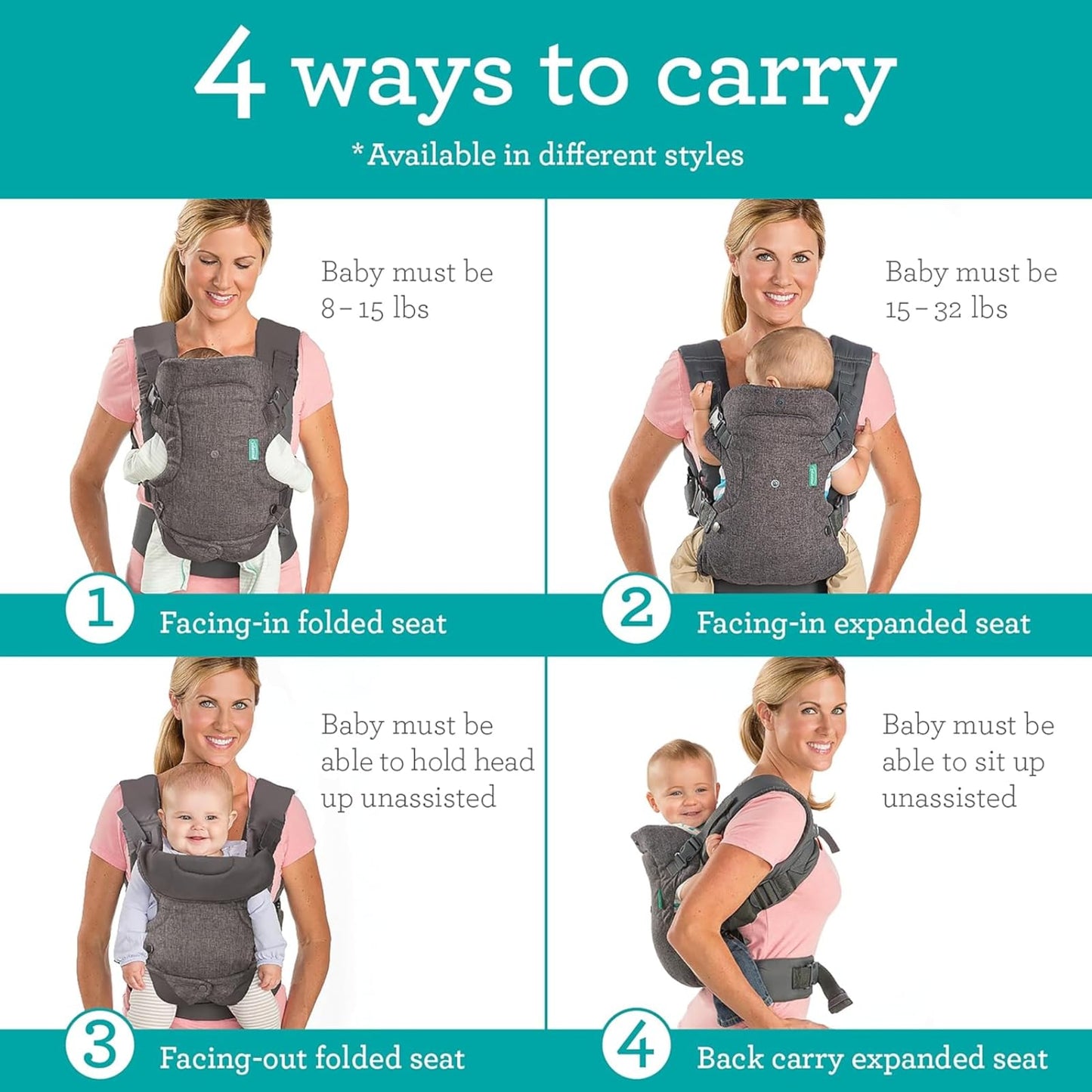 Infantino Flip Advanced 4-ühes ergonoomiline kandekott, vastsündinust kuni 14,5 kg, hall