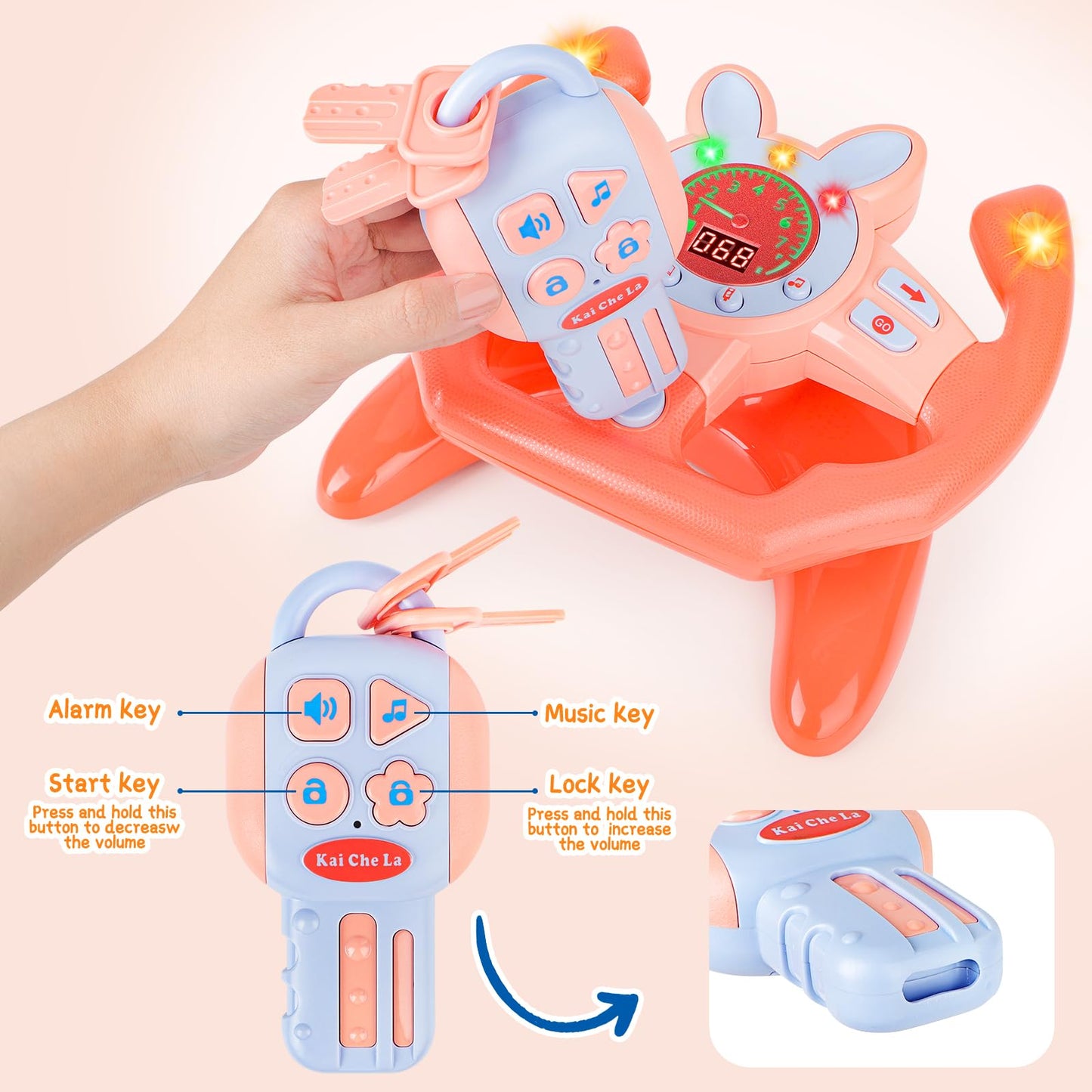 Interaktive children's driving simulator with sounds and lights, pink