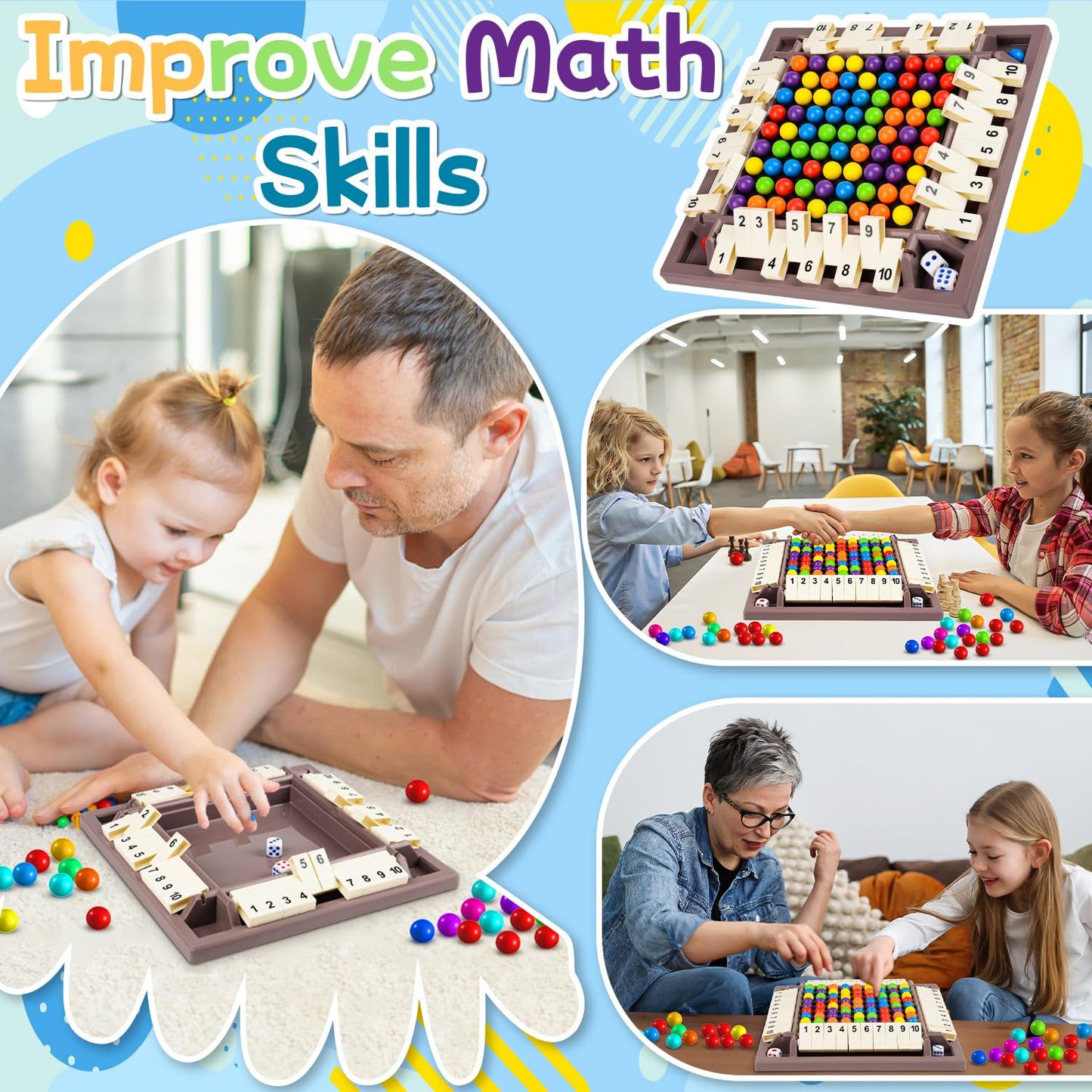 Yizemay 2-in-1 board game “Shut The Box” and rainbow beads game
