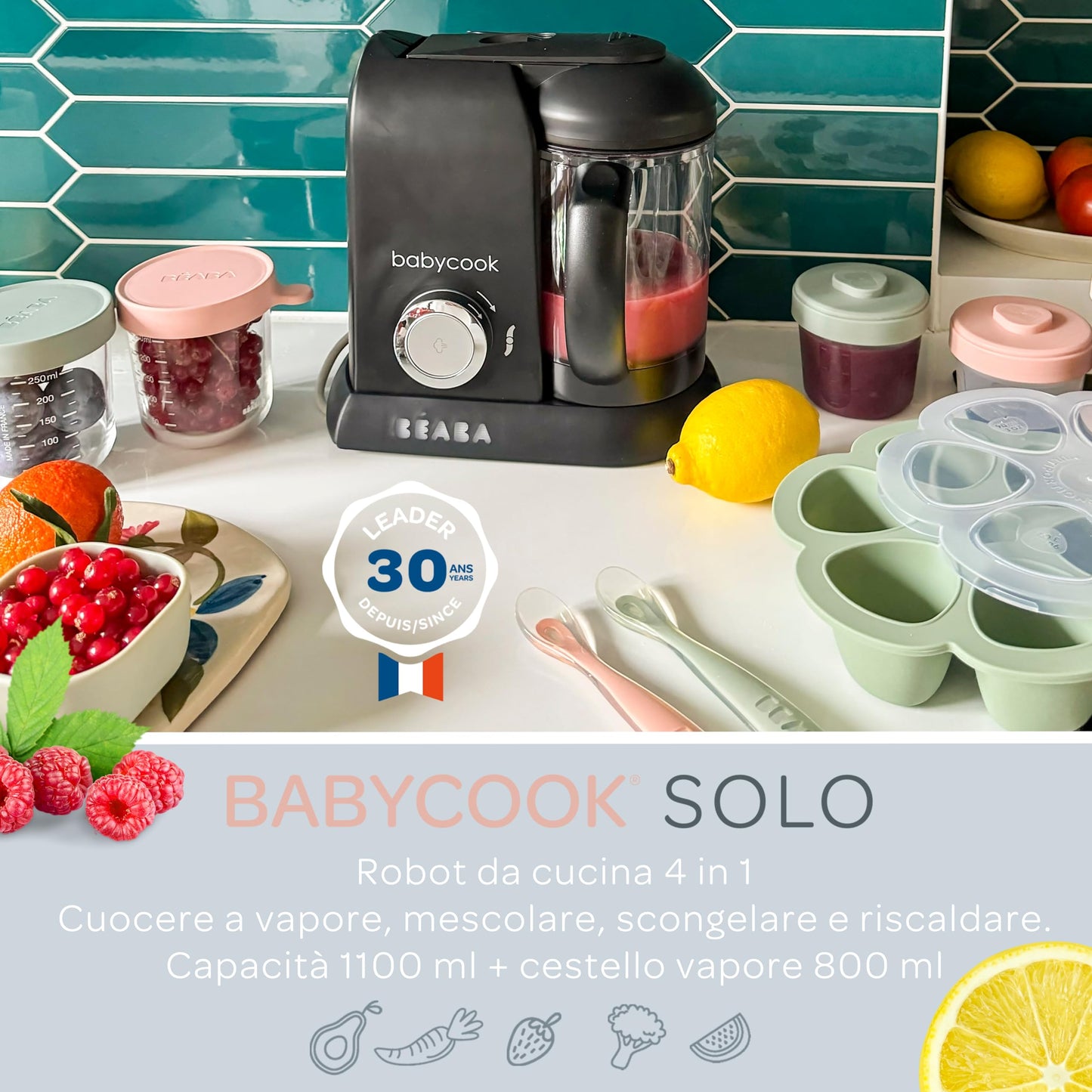 Béaba Babycook Solo 4-in-1 Baby Food Maker – Steaming, Blending, Heating, Defrosting, 1100 ml Capacity, Black