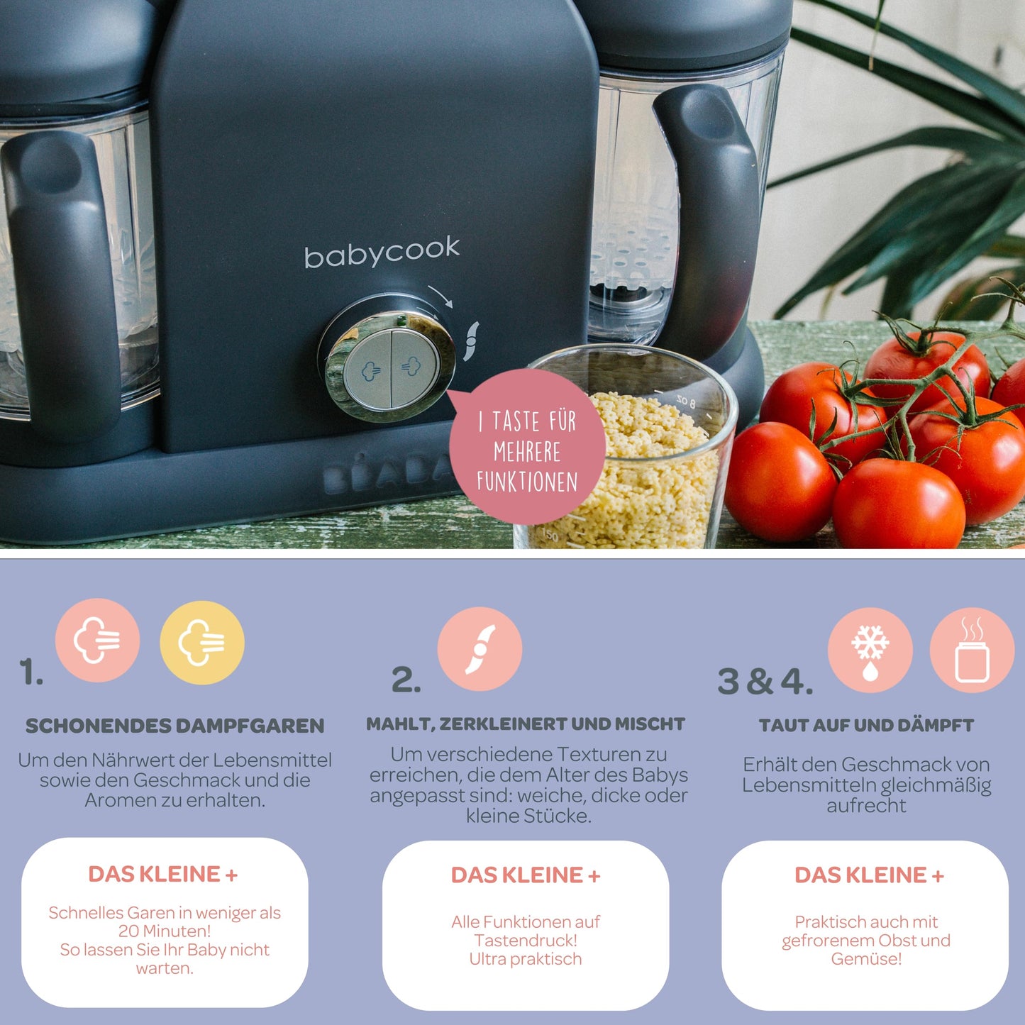Béaba Babycook Duo 4-in-1 Food Processor – Steam, Blend, Reheat, Defrost, 2200 ml Capacity, Dark Grey