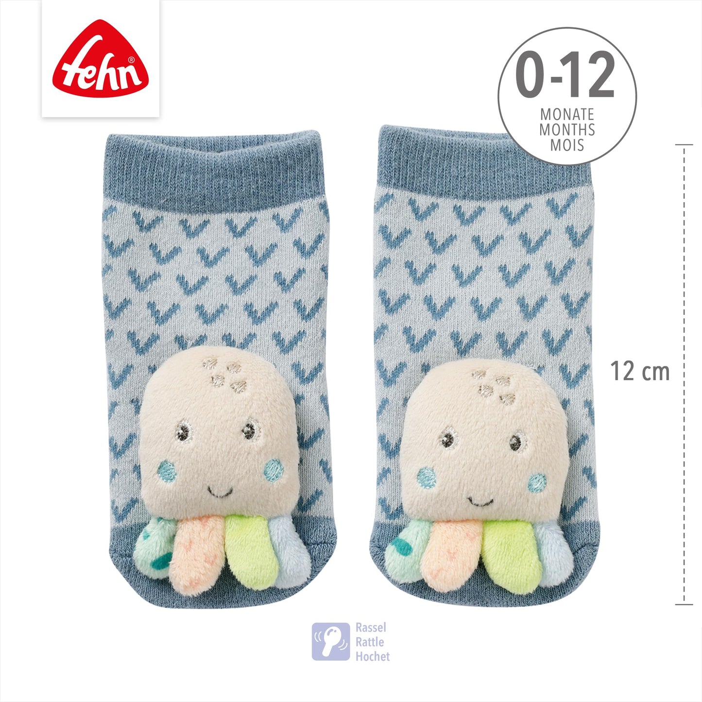 Fehn baby socks with rattle octopus, 0–12 months, 12 cm