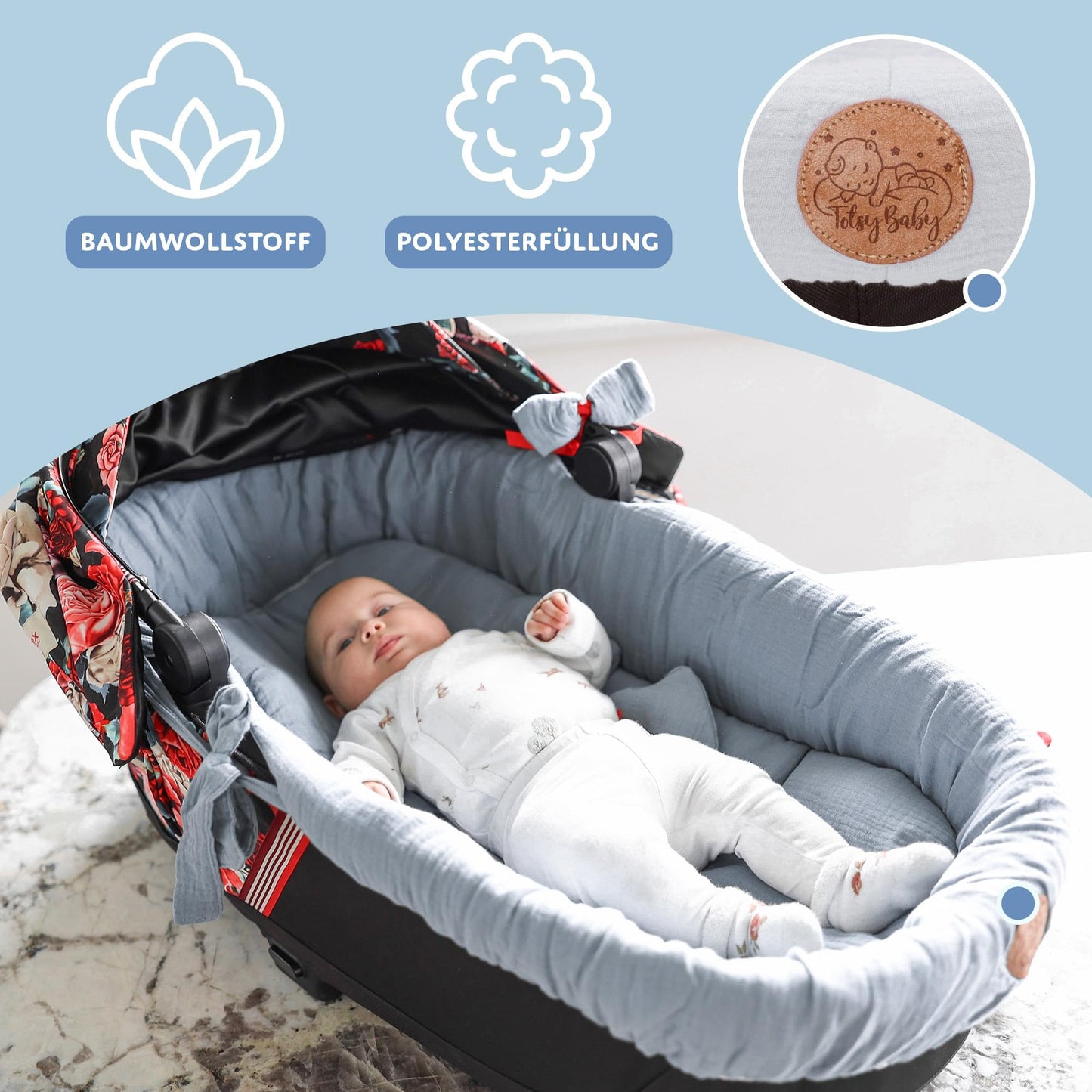 Totsy Baby musliinkangas vankrikorvi sisu (3-osaline komplekt), hall