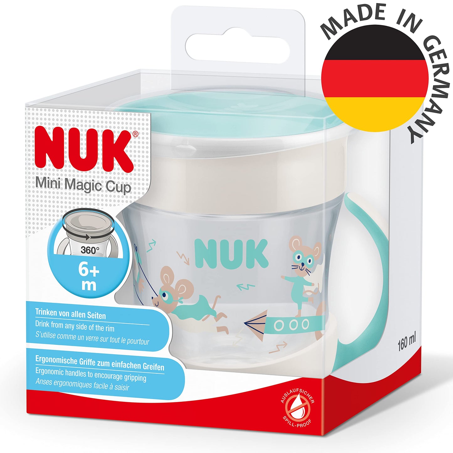 NUK Mini Magic joogitops 360° äärega, 160 ml, alates 6. elukuust, sinine hiirekujundusega