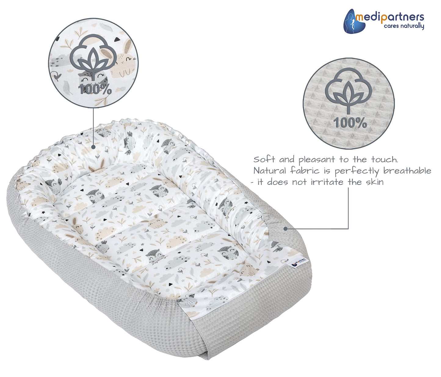 Medi Partners beebipesa kookon, 100×60×15 cm, kahtepidi kasutatav, puuvillane Waffle, hall