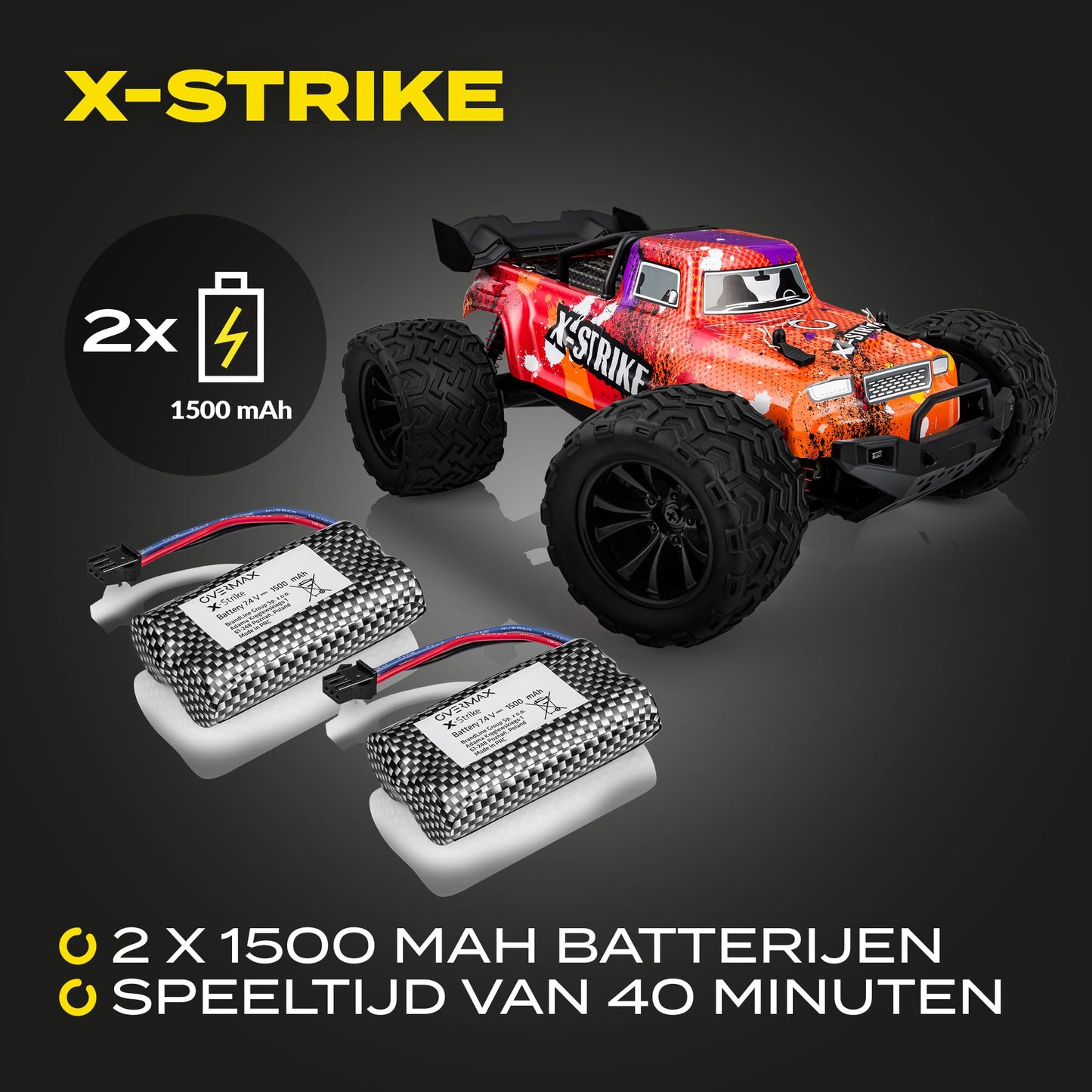 Overmax X-Strike puldiauto – 45 km/h, 4WD, LED-tuled, 2 akuga komplekt