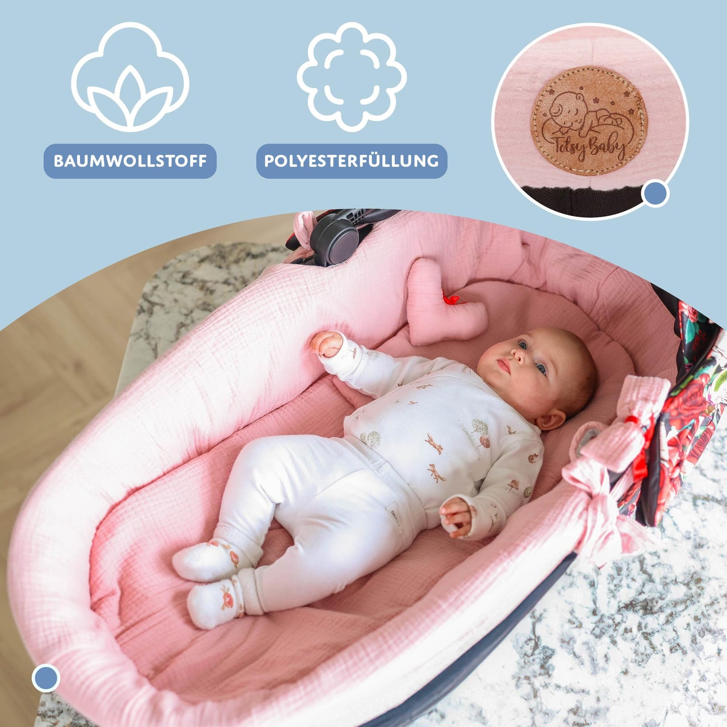 Totsy Baby musliinkangas vankrikorvi sisu (3-osaline komplekt), roosa