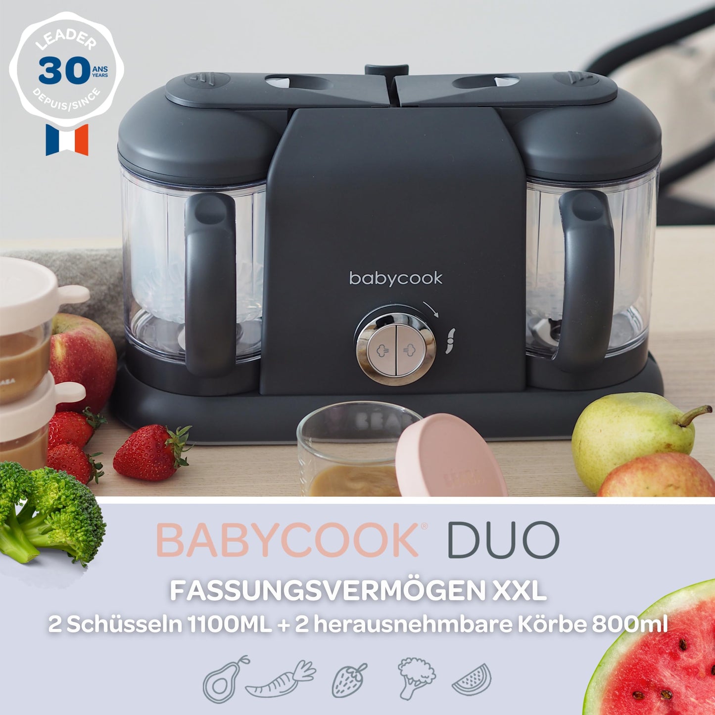 Béaba Babycook Duo 4-in-1 Food Processor – Steam, Blend, Reheat, Defrost, 2200 ml Capacity, Dark Grey