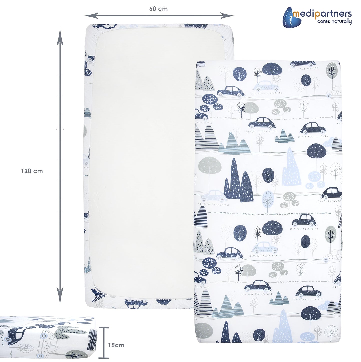 Medi Partners 3-osaline beebivoodi lina komplekt, 60 × 120 cm, 100% puuvill