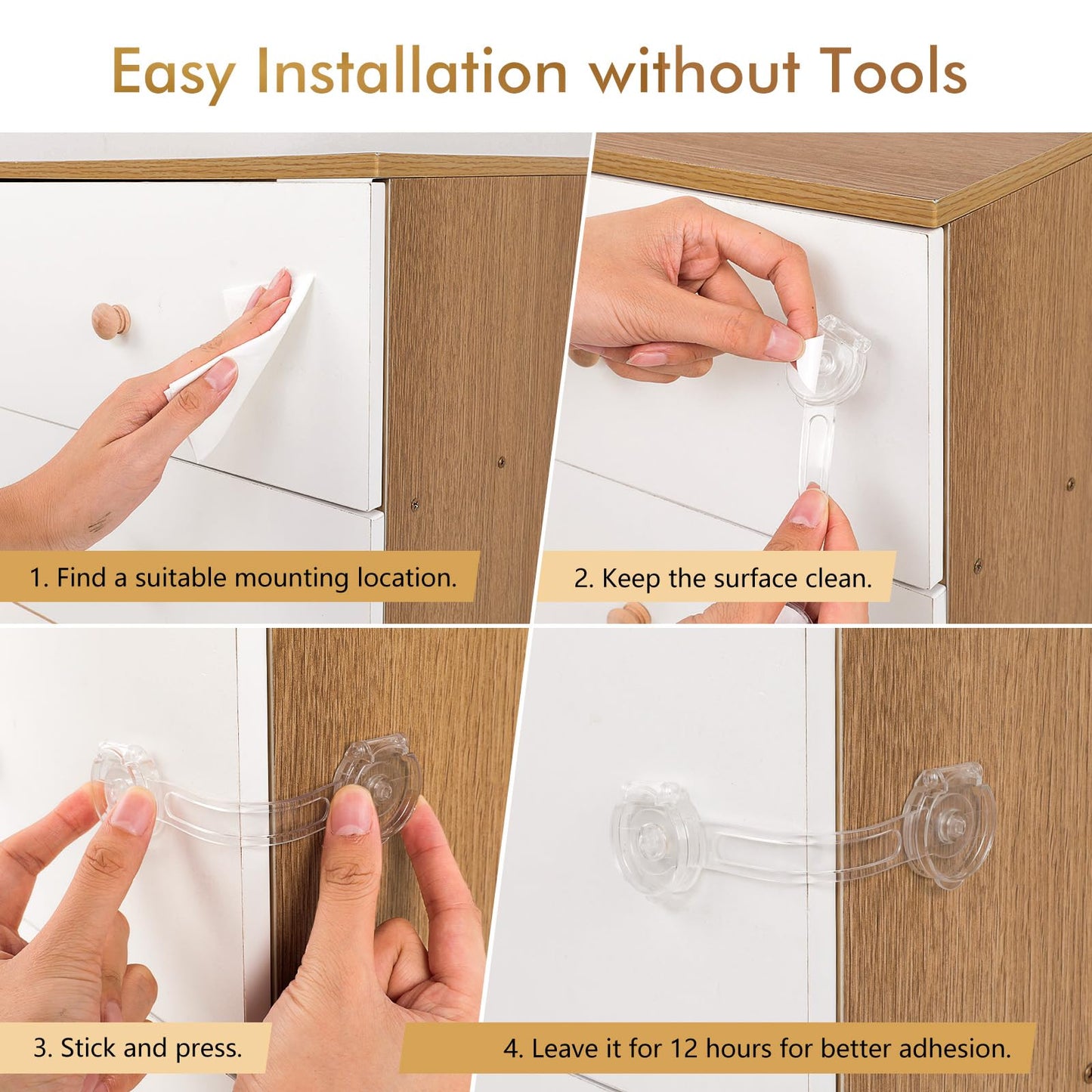 AiQInu child safety locks for cabinets and drawers, transparent, 9 pcs