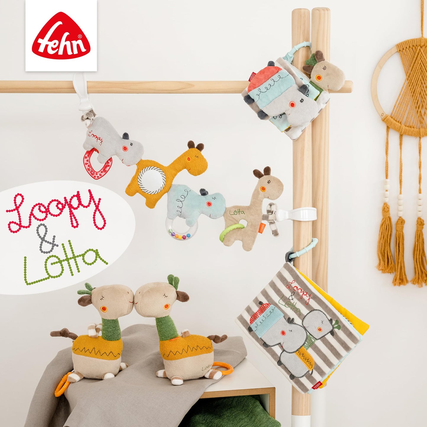 Fehn Loopy & Lotta värviline mängukett vankrile, 45 cm