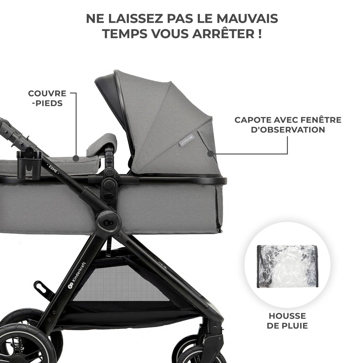Kinderkraft ESME 3-in-1 vankrikomplekt kandekorvi, jalutuskäru ja i-Size turvahälliga, Moonlight Grey