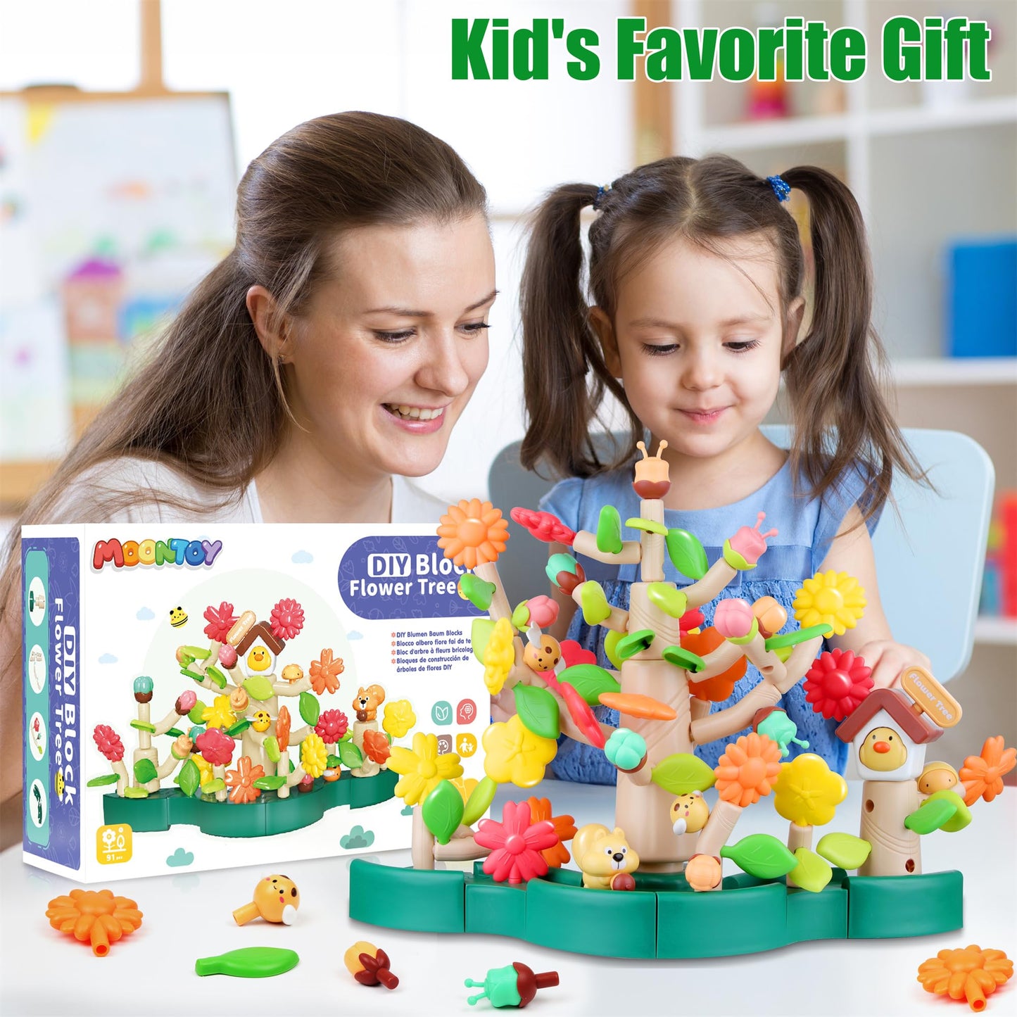 DIY flower garden construction toy, 91-piece set with storage box, 3–6 years