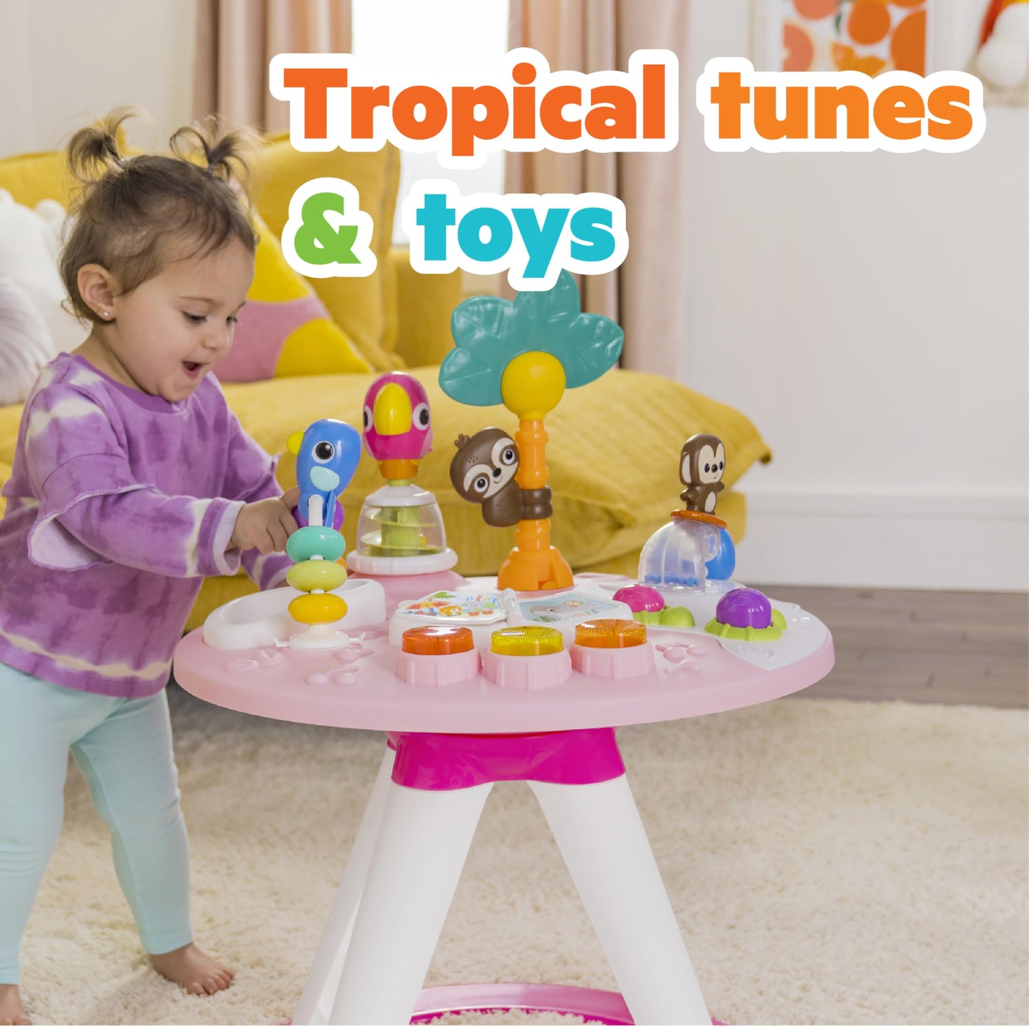 Bright Starts Around We Go Tropic Coral 2-in-1 play center and activity table, pink