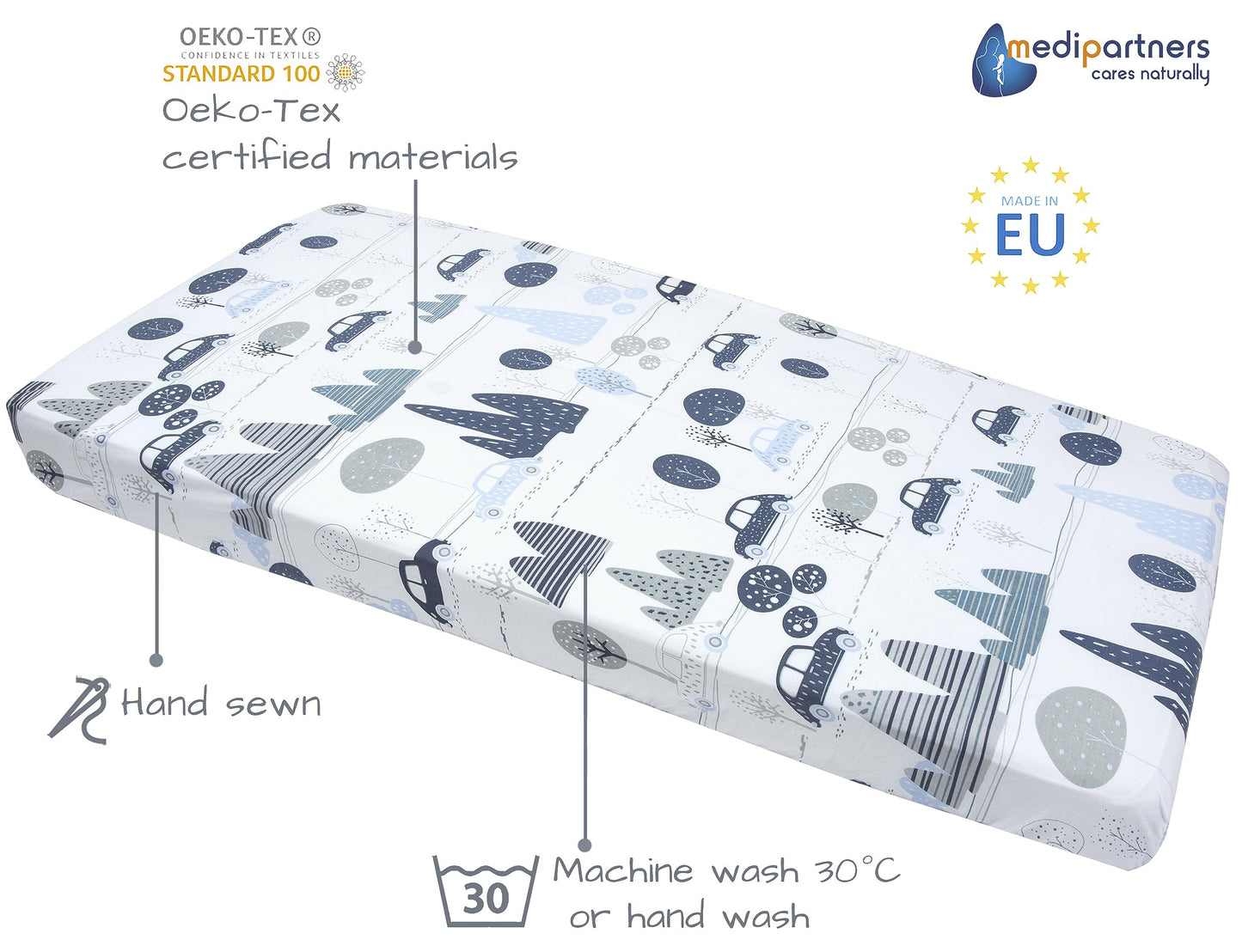 Medi Partners 3-osaline beebivoodi lina komplekt, 60 × 120 cm, 100% puuvill