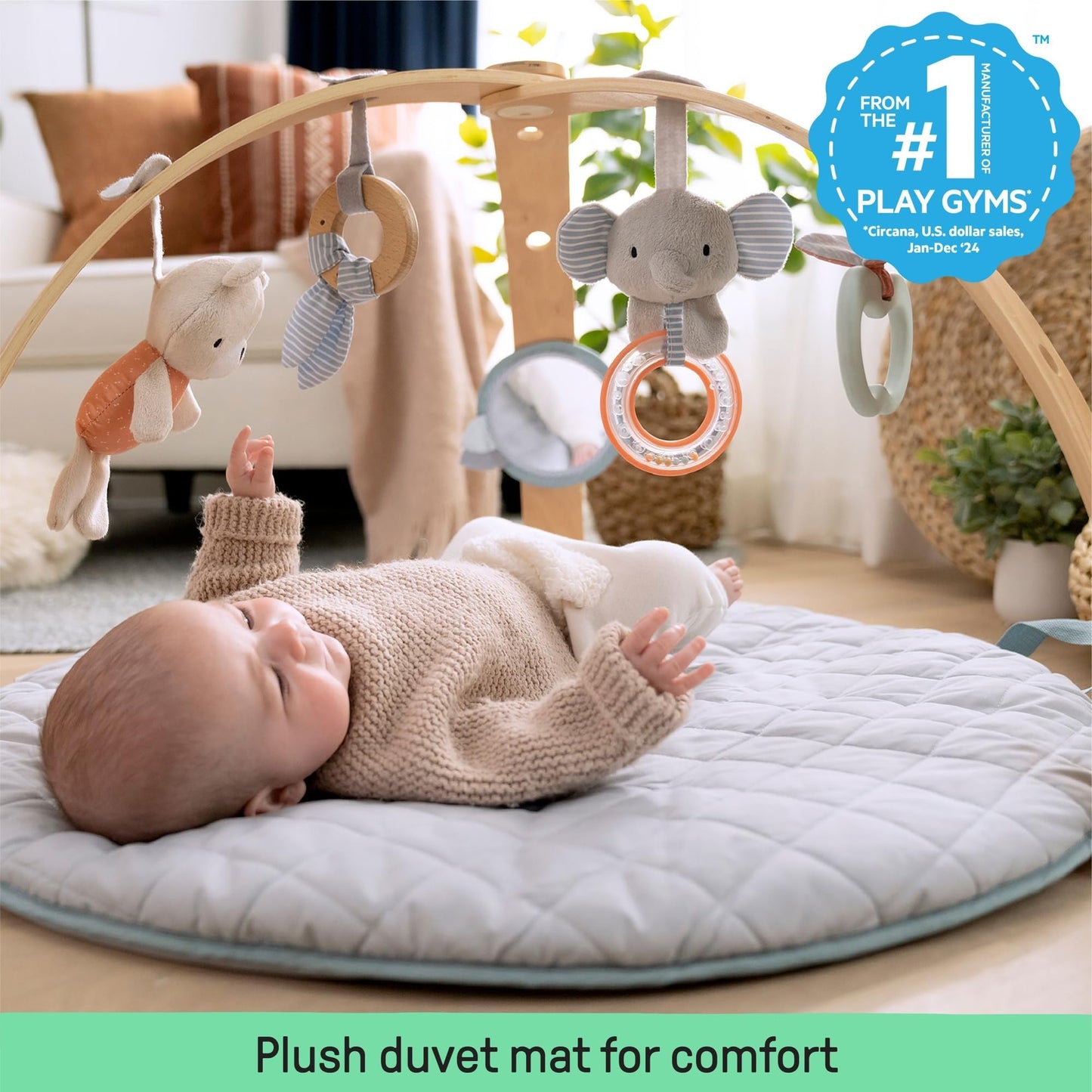 Ingenuity Cozy Spot pööratav tegevusmatt ja mängukaar puidust riputuslatiga, Loamy